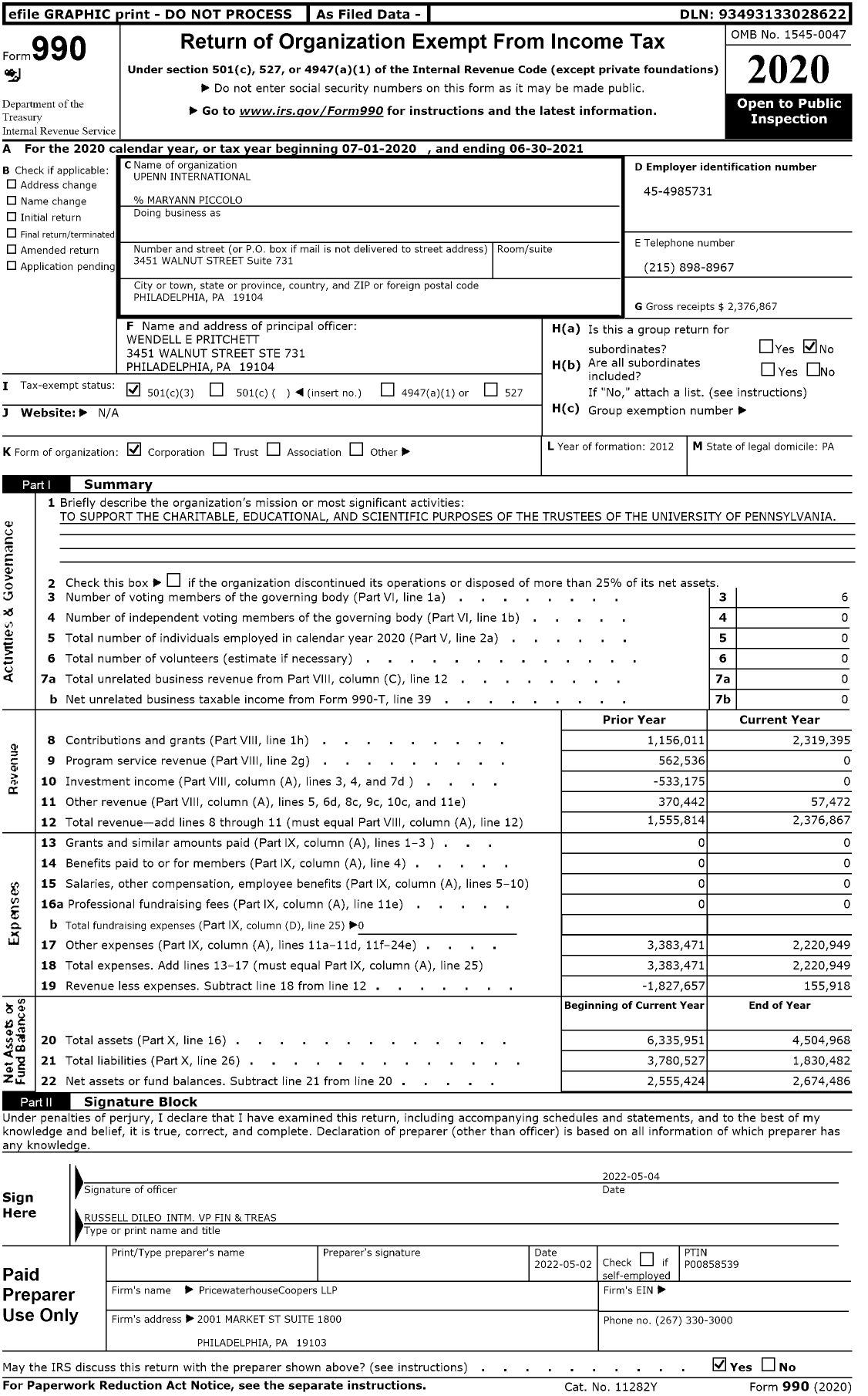 Image of first page of 2020 Form 990 for Upenn International