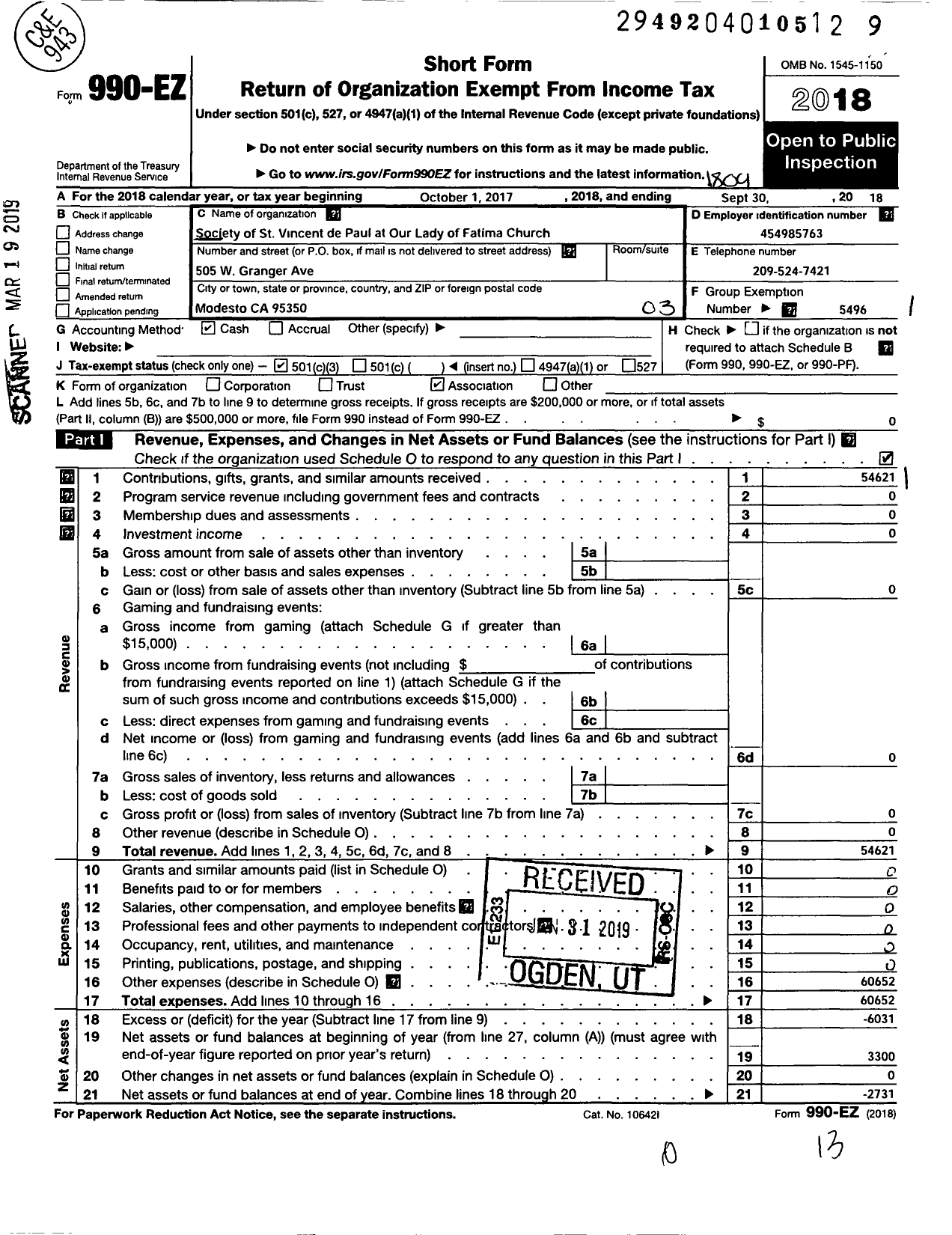 Image of first page of 2017 Form 990EZ for Society of St Vincent de Paul at Our Lady of Fatima Church