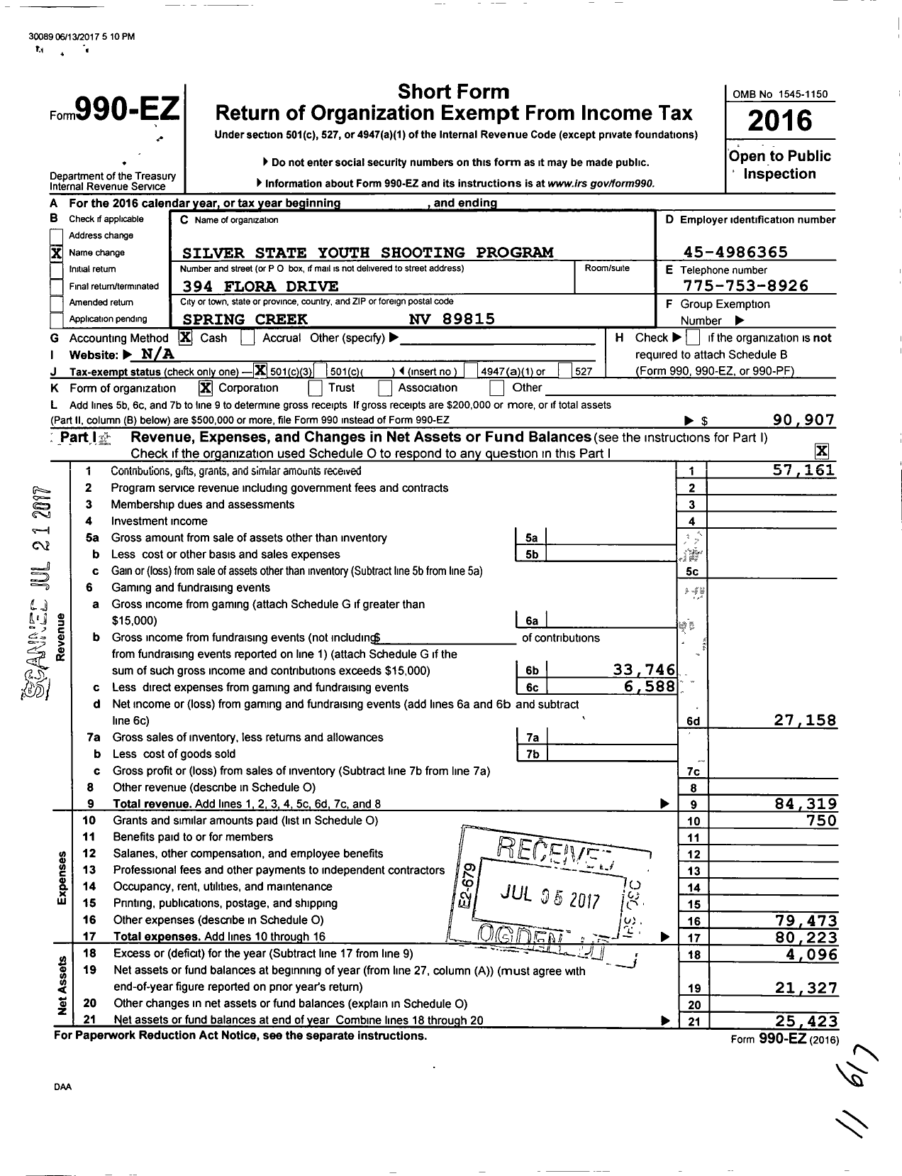 Image of first page of 2016 Form 990EZ for Silver State Youth Shooting Sports