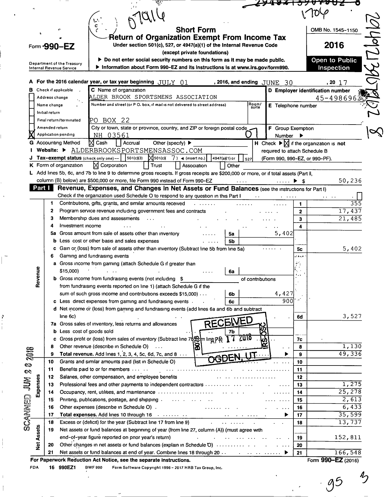 Image of first page of 2016 Form 990EO for Alder Brook Sportsmens Association