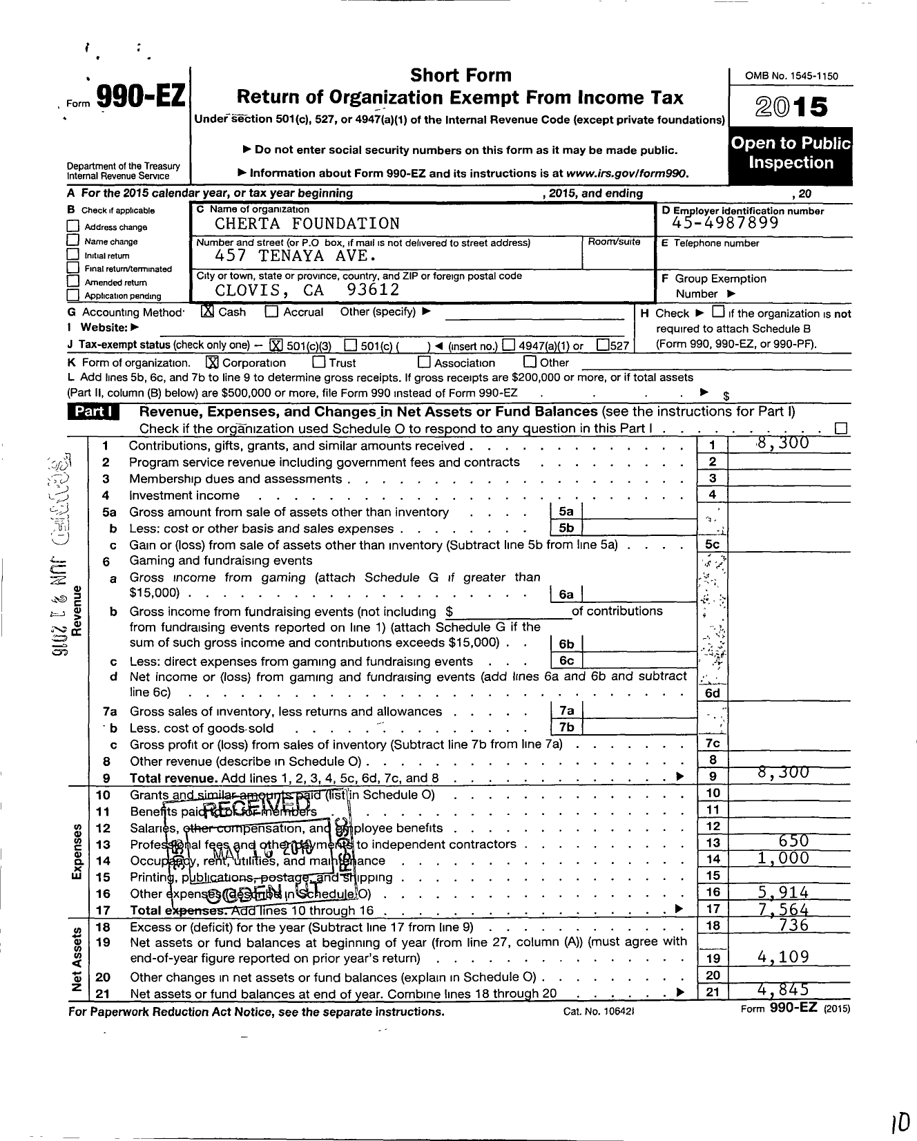 Image of first page of 2015 Form 990EZ for Cherta Foundation