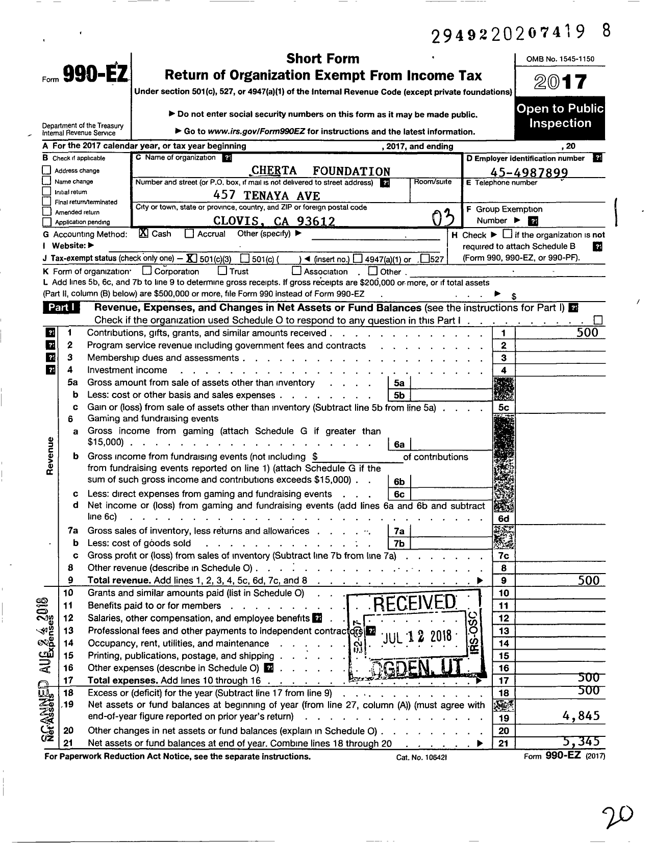 Image of first page of 2017 Form 990EZ for Cherta Foundation