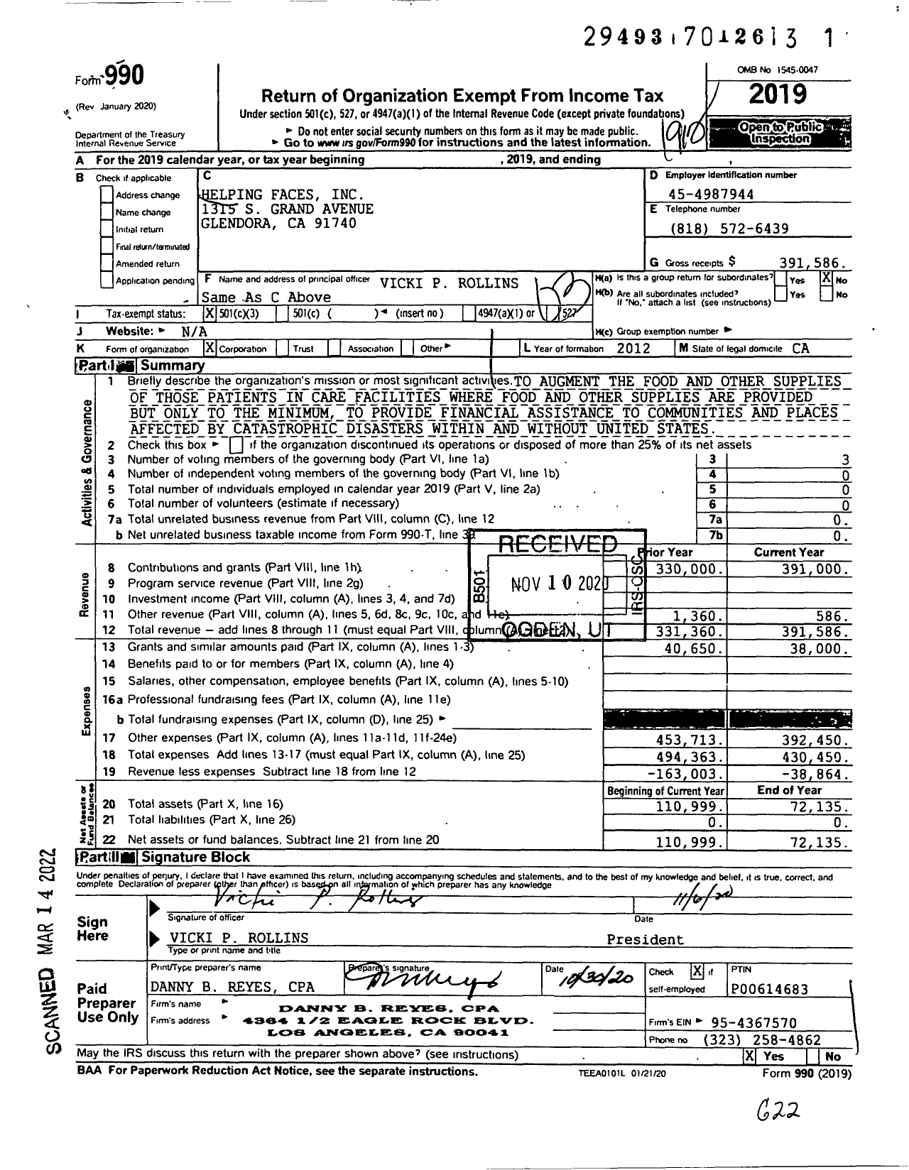 Image of first page of 2019 Form 990 for Helping Faces