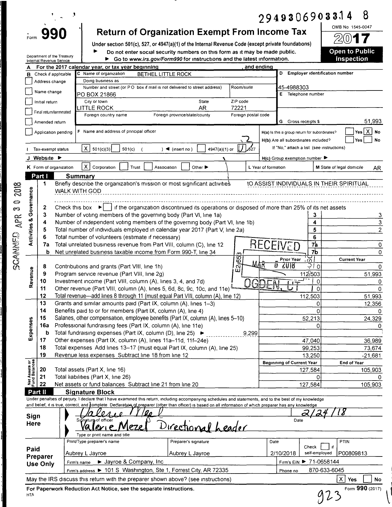 Image of first page of 2017 Form 990 for Bethel Little Rock