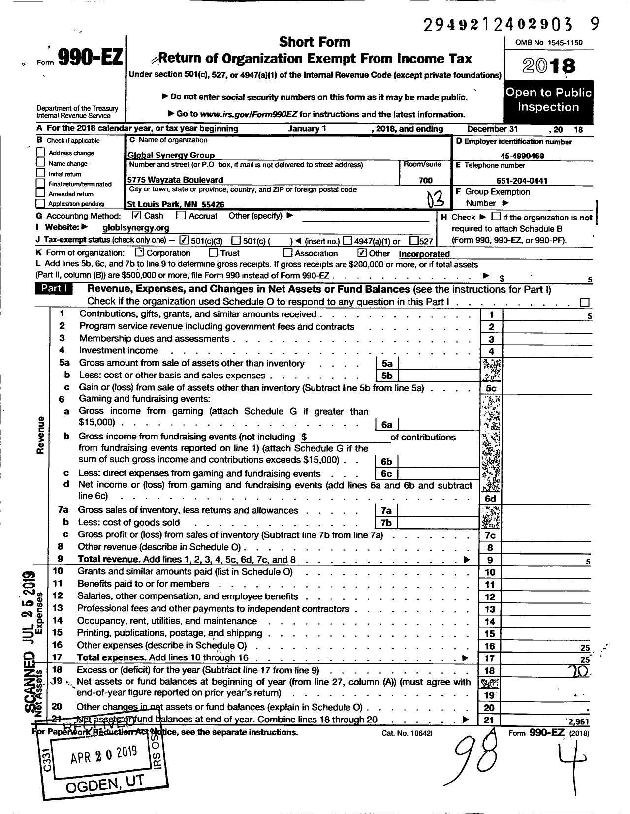 Image of first page of 2018 Form 990EZ for Global Synergy Group (GSG)