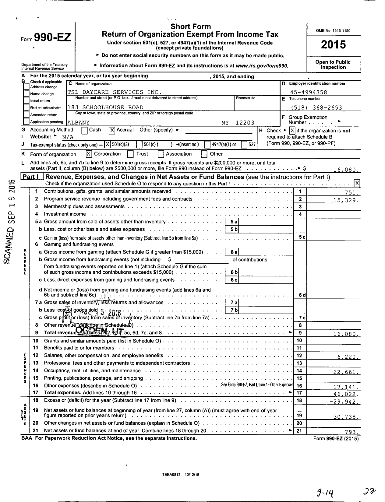 Image of first page of 2015 Form 990EZ for TSL Daycare Services