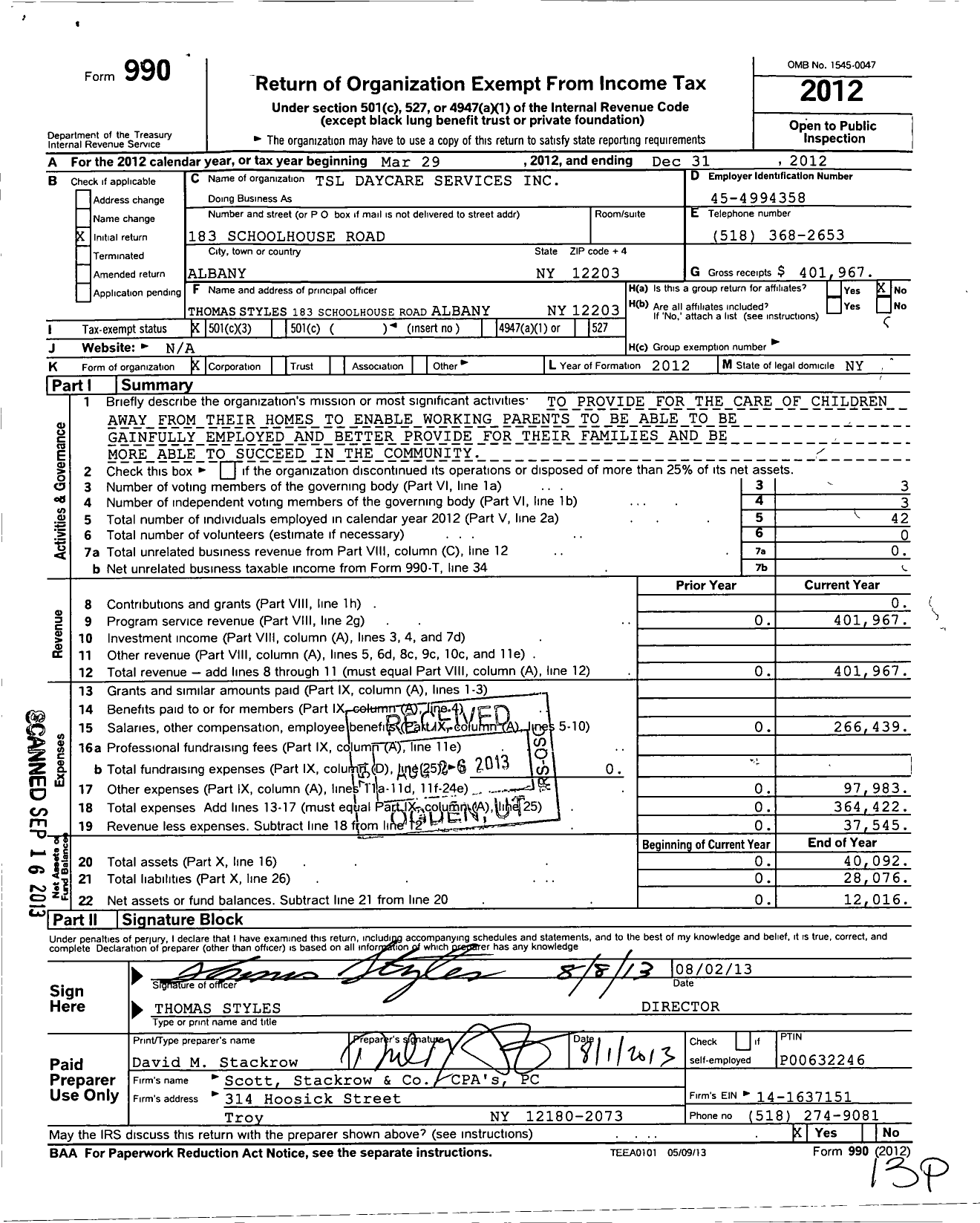 Image of first page of 2012 Form 990 for TSL Daycare Services