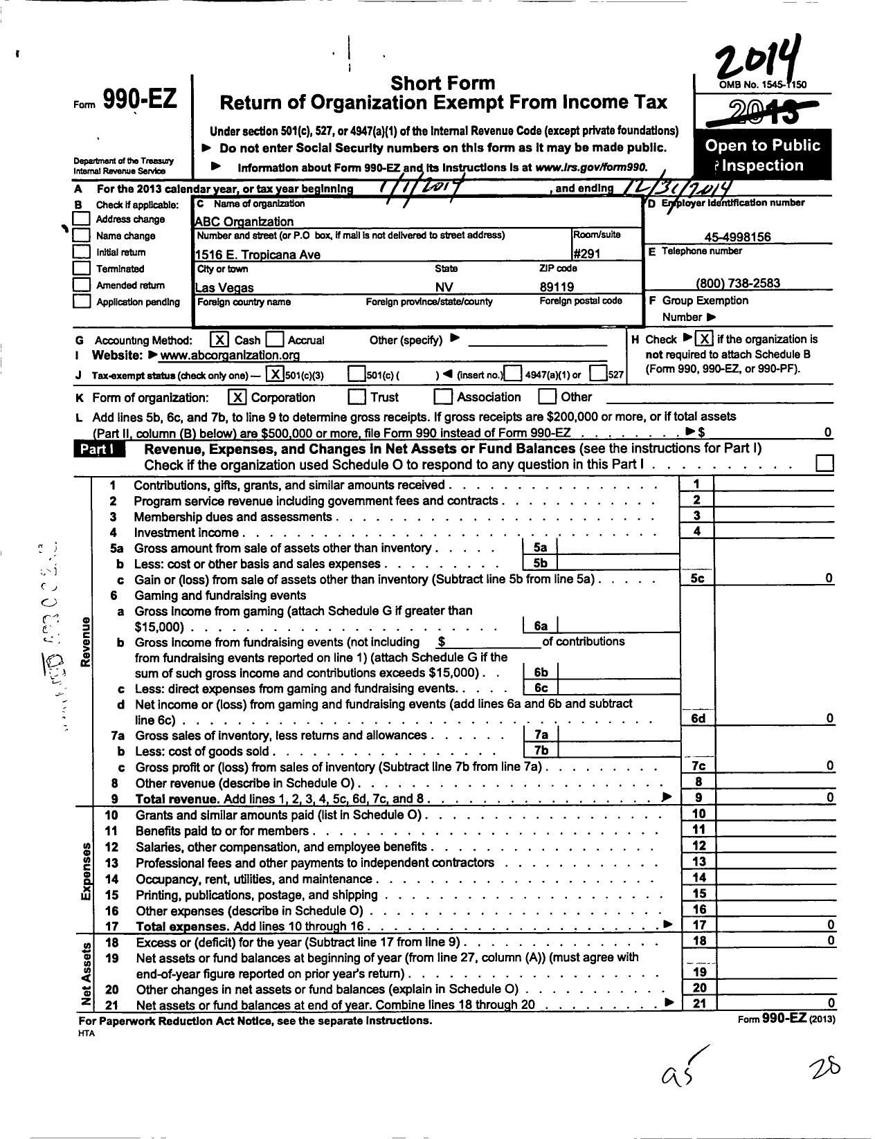 Image of first page of 2014 Form 990EZ for Abc Organization