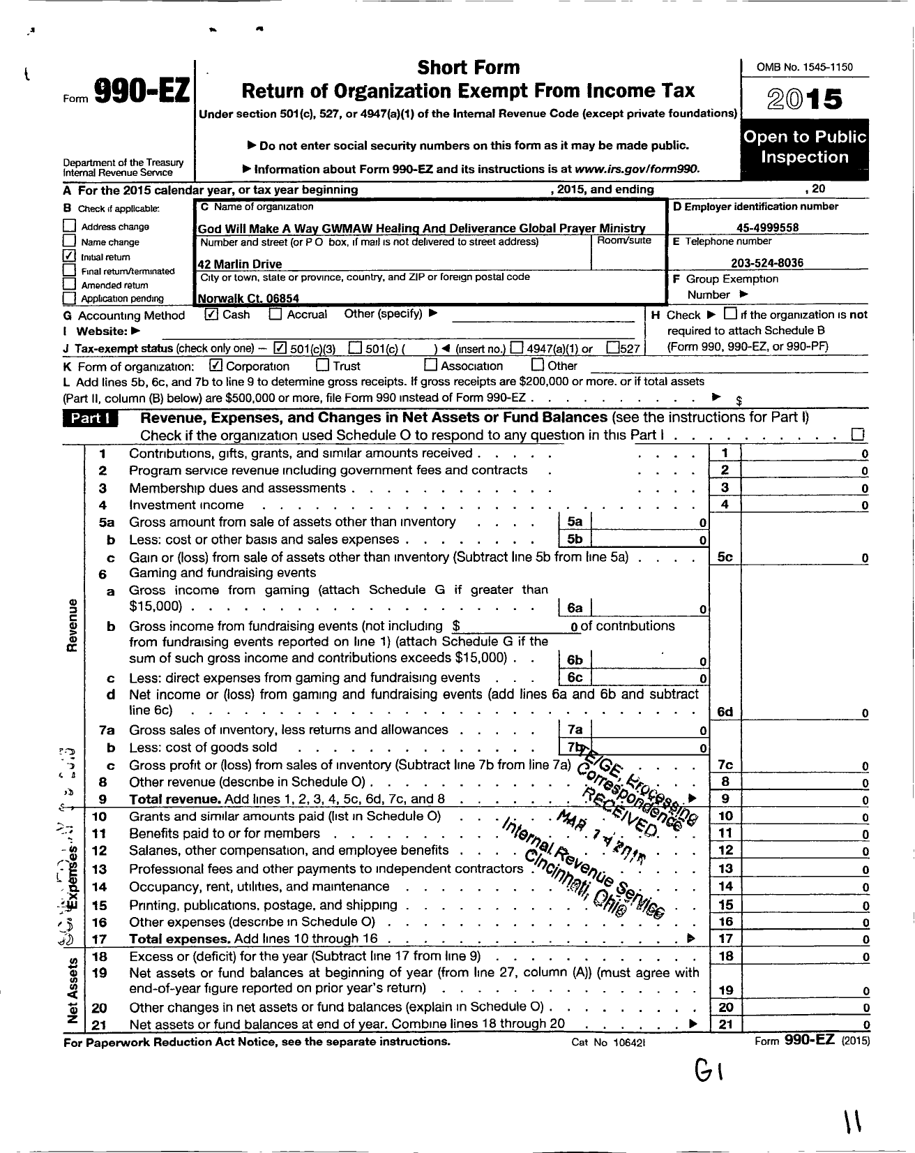 Image of first page of 2015 Form 990EZ for God Will Make A Way Gwmaw Healing and Deliverance Global Prayer