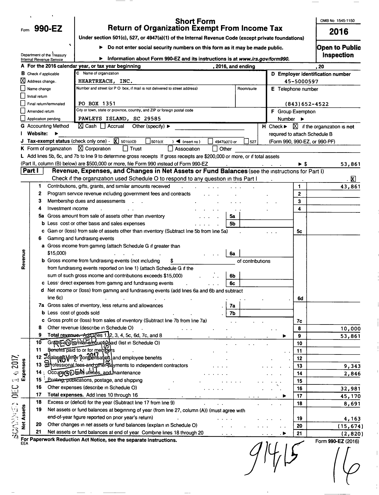 Image of first page of 2016 Form 990EZ for Heartreach