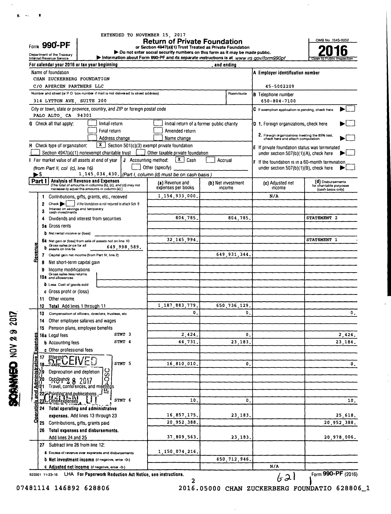 Image of first page of 2016 Form 990PF for Chan Zuckerberg Initiative Foundation