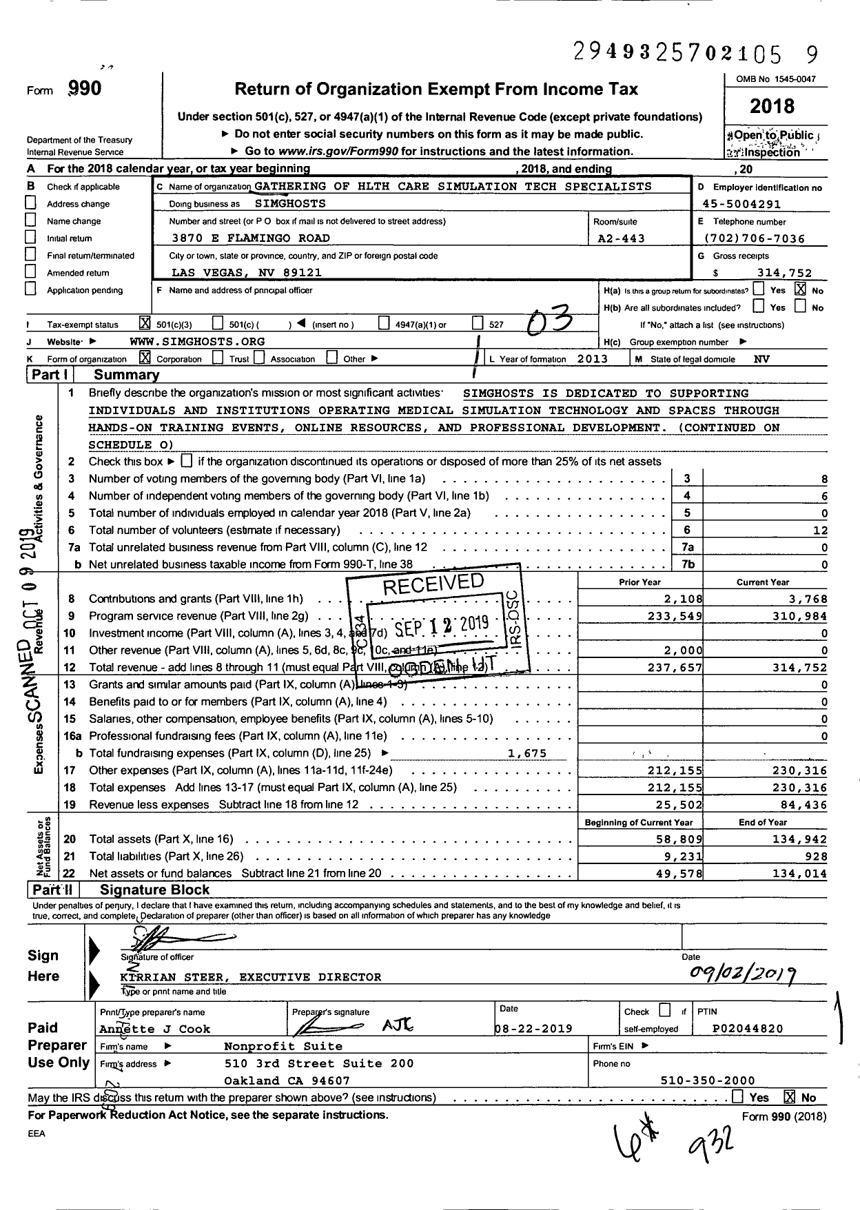 Image of first page of 2018 Form 990 for SimGhosts