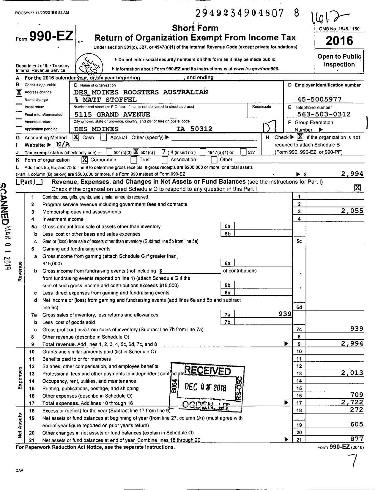 Image of first page of 2016 Form 990EO for Des Moines Roosters Australian % Matt Stoffel