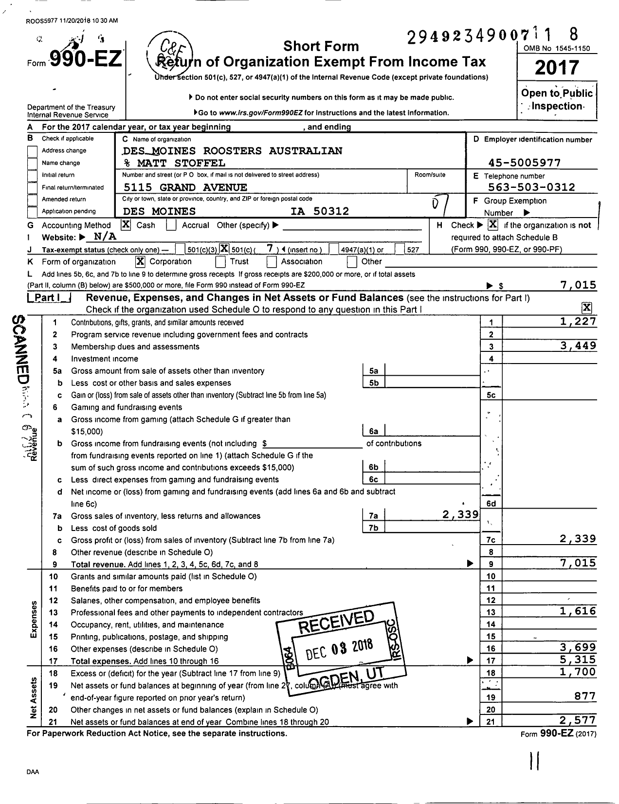 Image of first page of 2017 Form 990EO for Des Moines Roosters Australian % Matt Stoffel