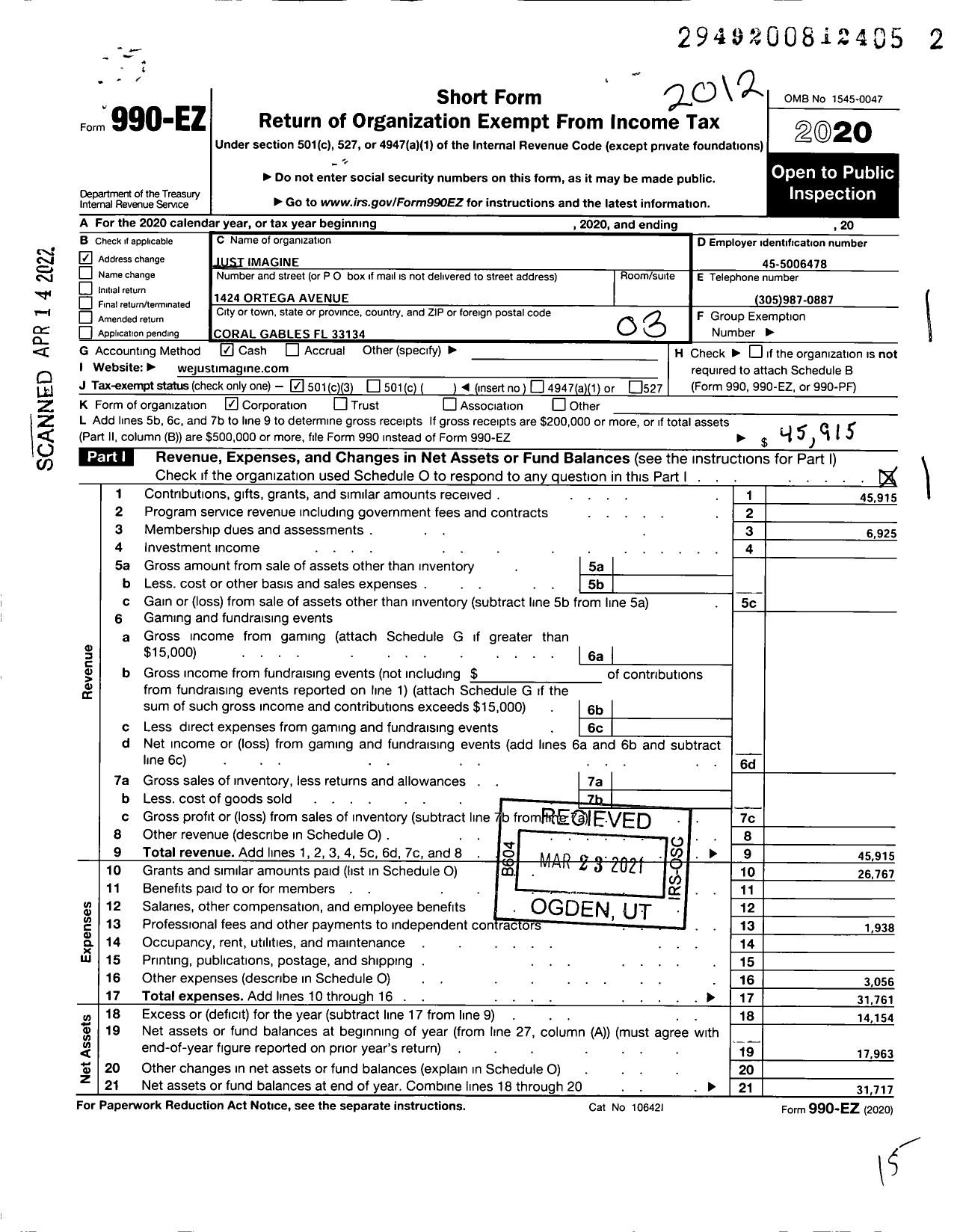 Image of first page of 2020 Form 990EZ for Just Imagine