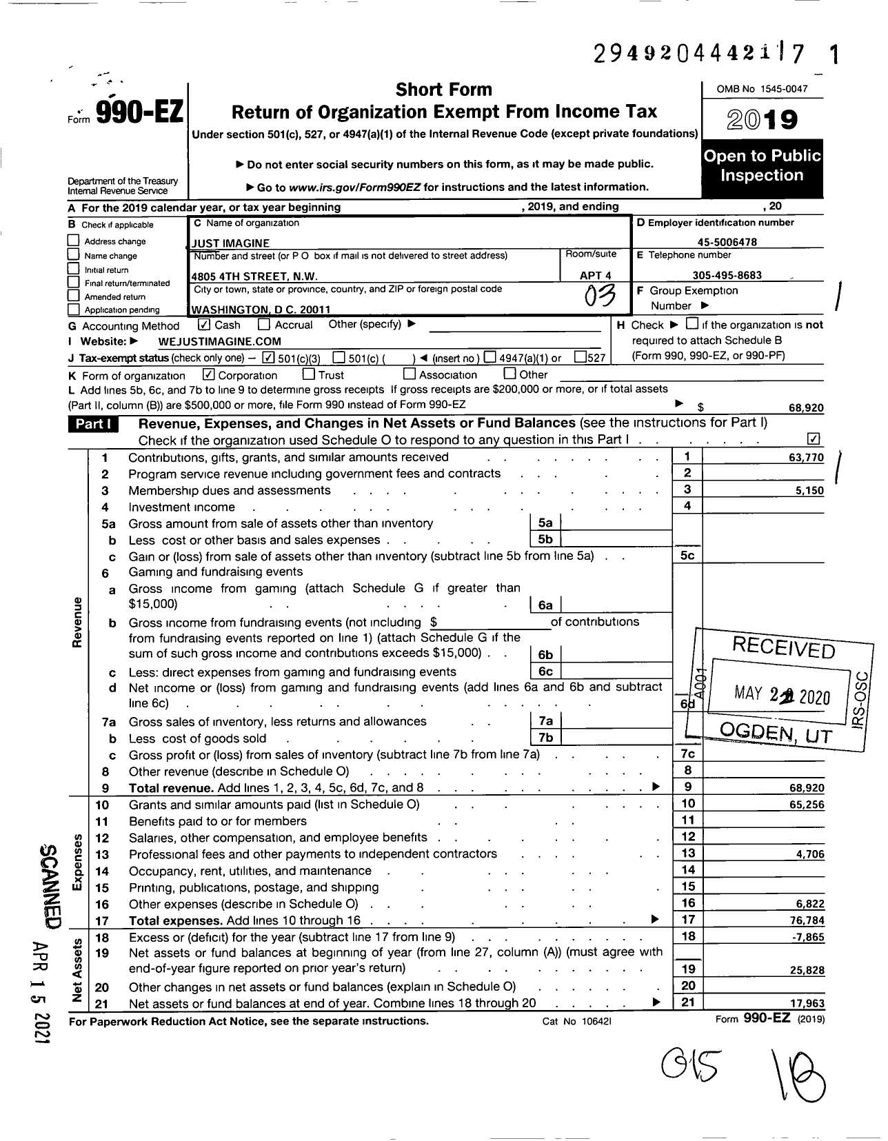 Image of first page of 2019 Form 990EZ for Just Imagine