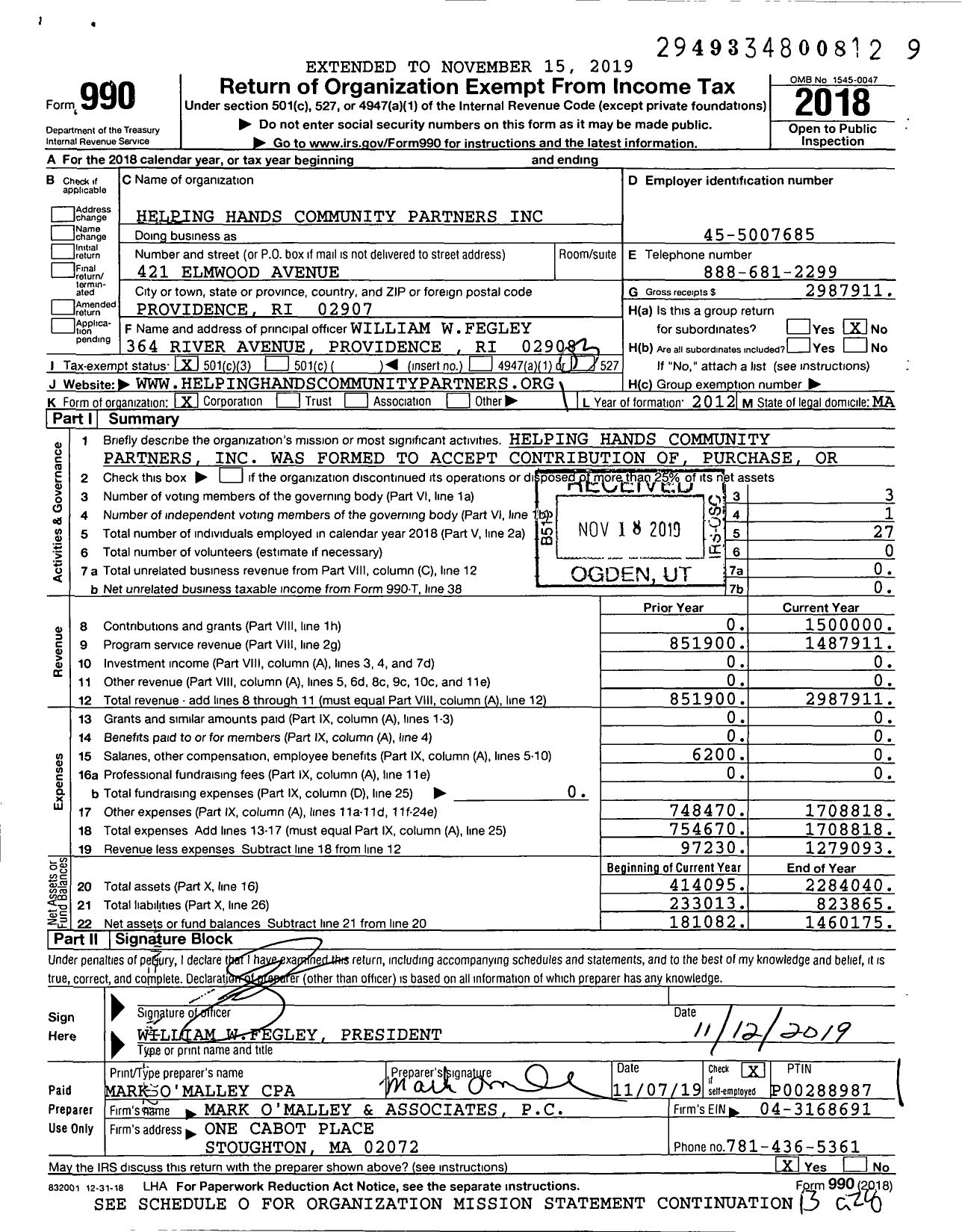 Image of first page of 2018 Form 990 for Helping Hands Community Partners