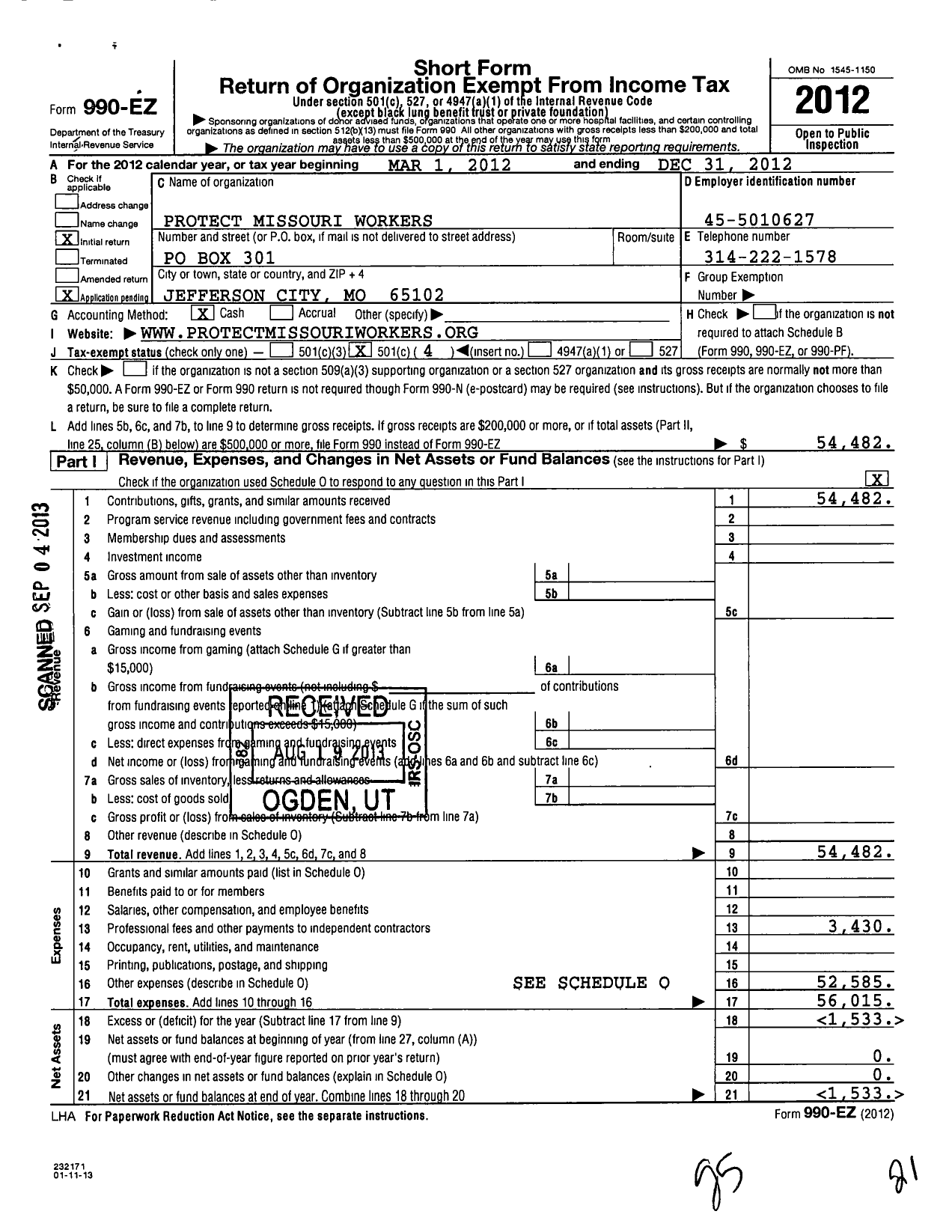 Image of first page of 2012 Form 990EO for Protect Missouri Workers