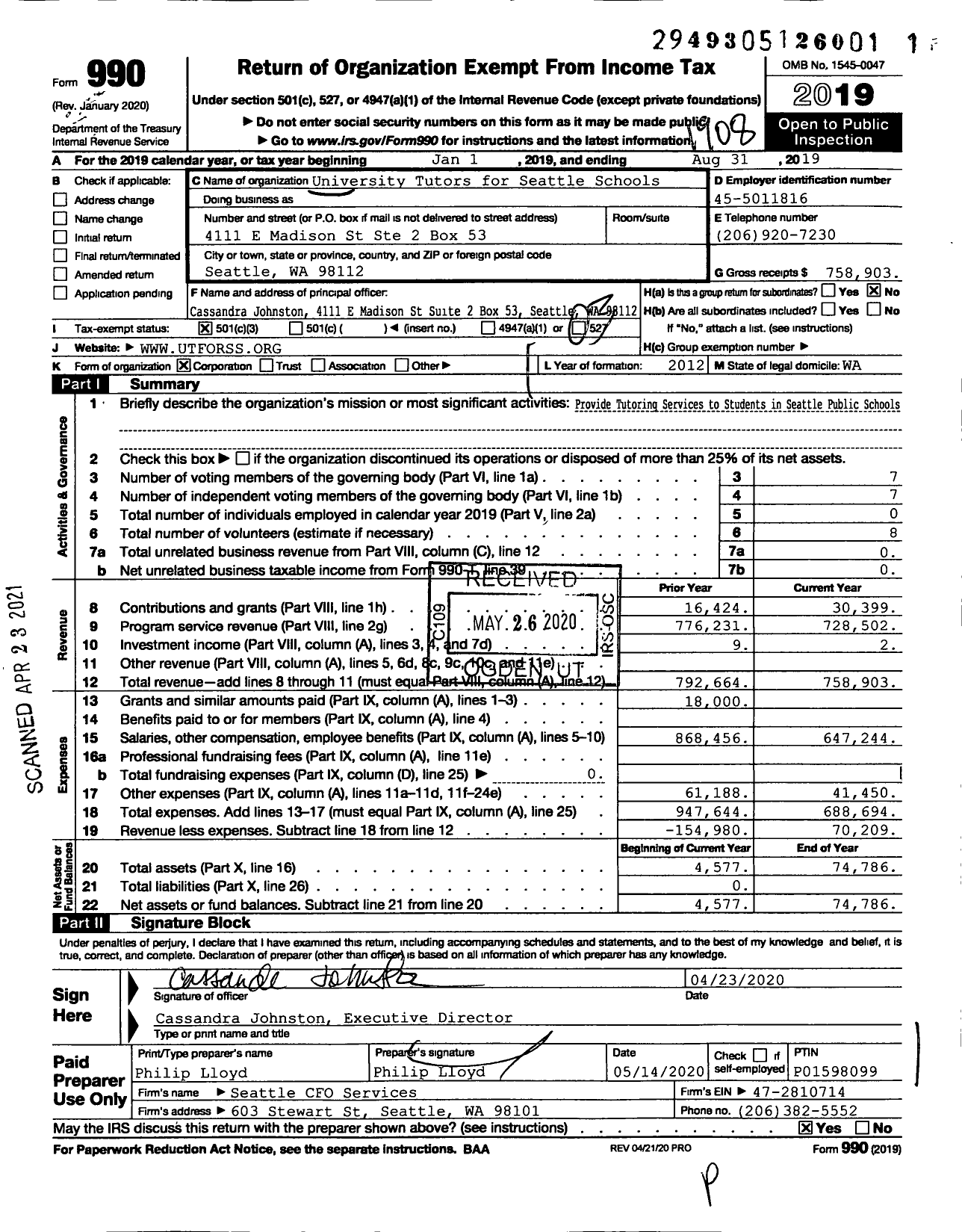 Image of first page of 2018 Form 990 for TIPS Tutoring