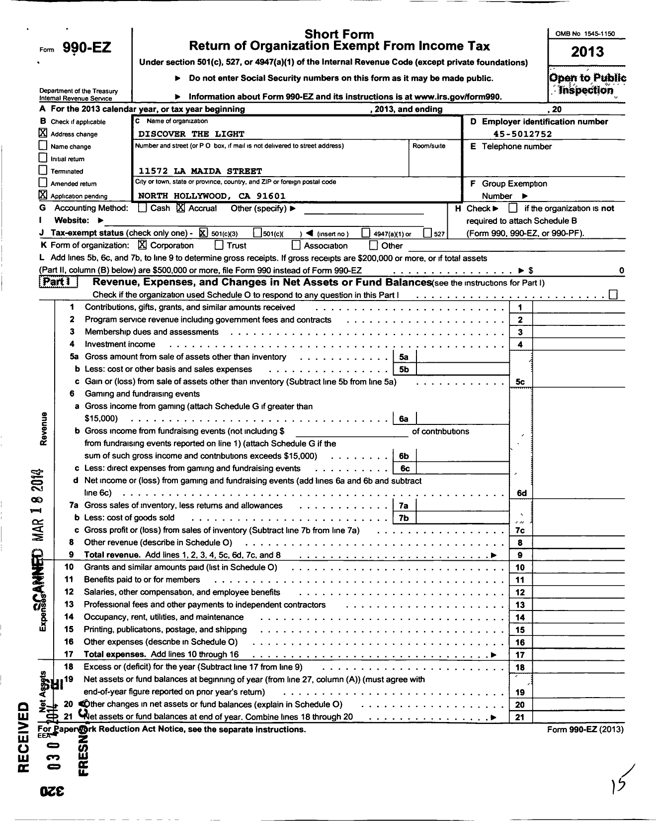 Image of first page of 2013 Form 990EZ for Discover the Light