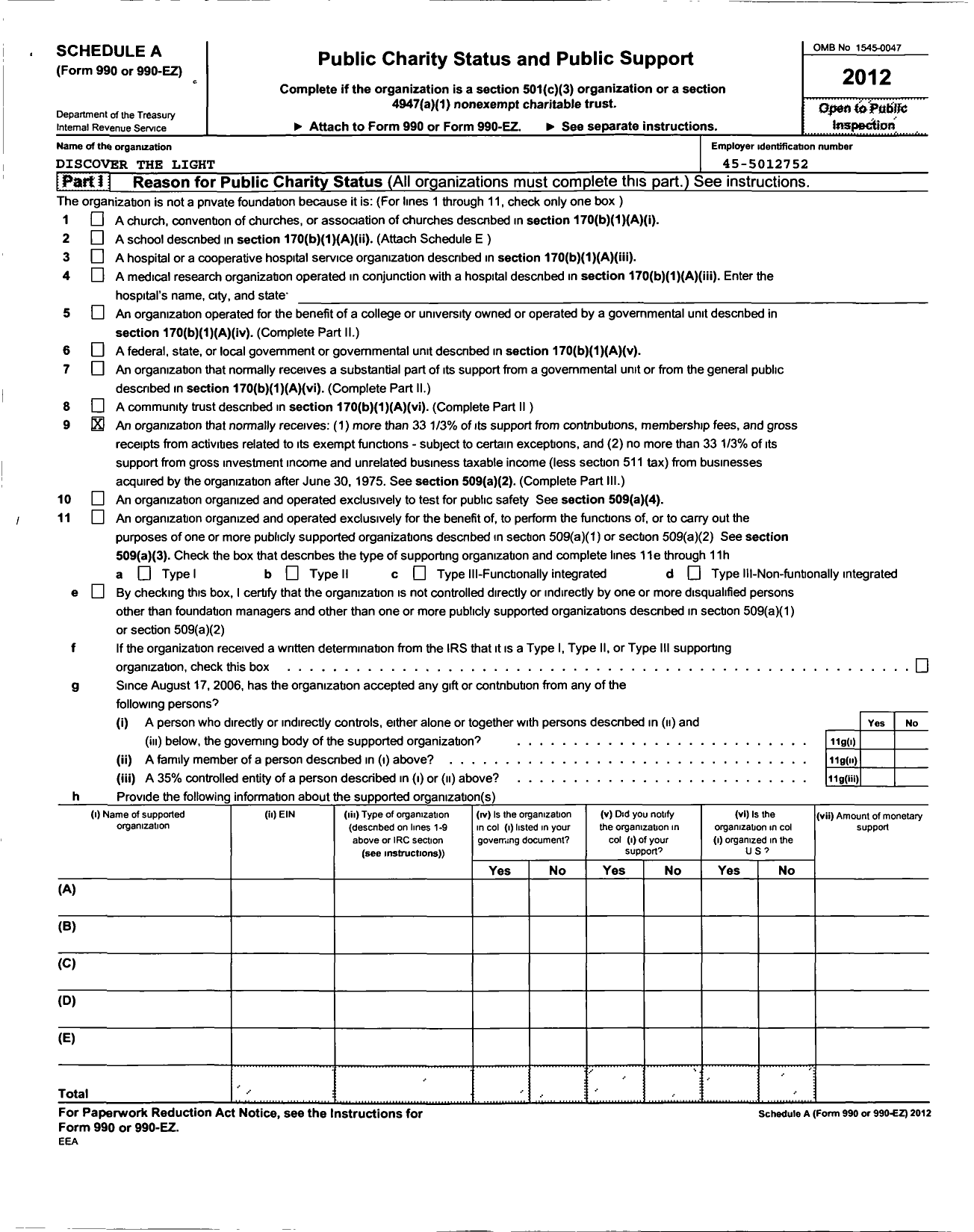 Image of first page of 2012 Form 990EZ for Discover the Light