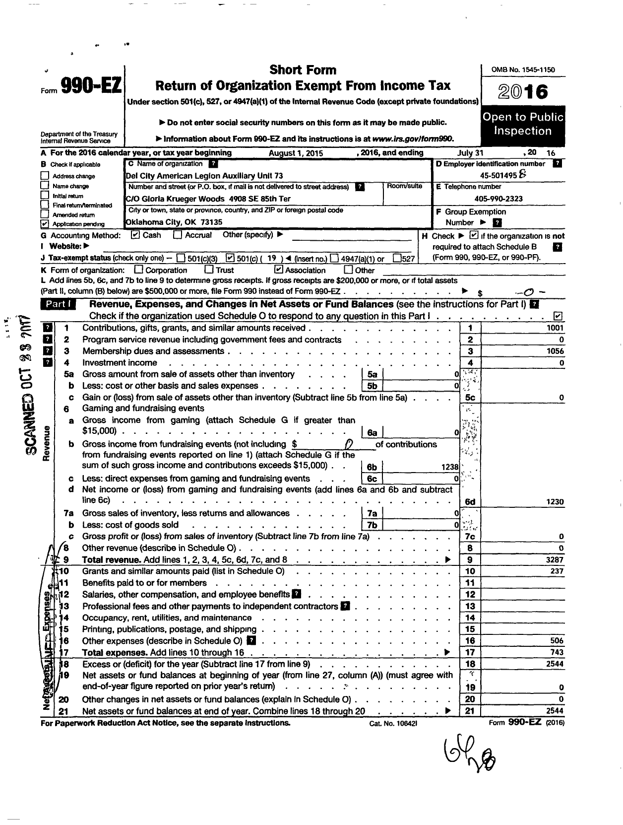 Image of first page of 2015 Form 990EO for Del City American Legion Auxiliary Unit 73