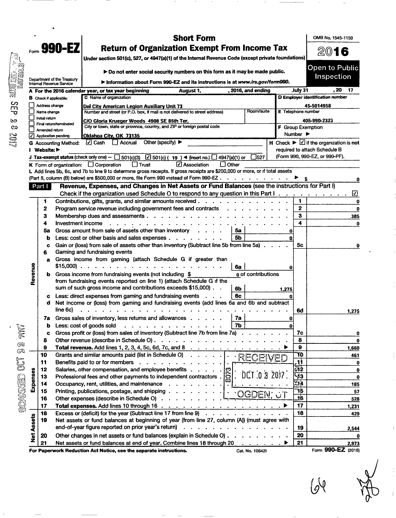 Image of first page of 2016 Form 990EO for Del City American Legion Auxiliary Unit 73