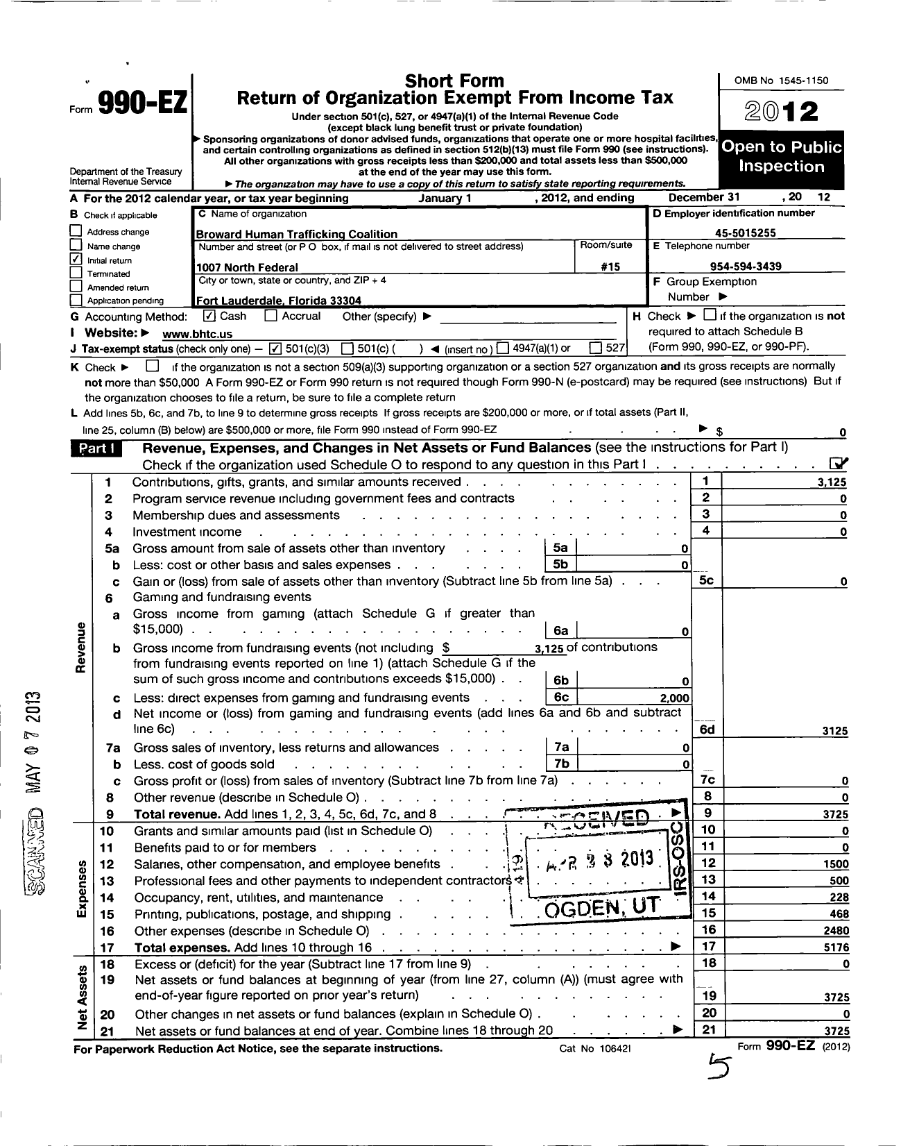 Image of first page of 2012 Form 990EZ for Broward Human Trafficking Coalition