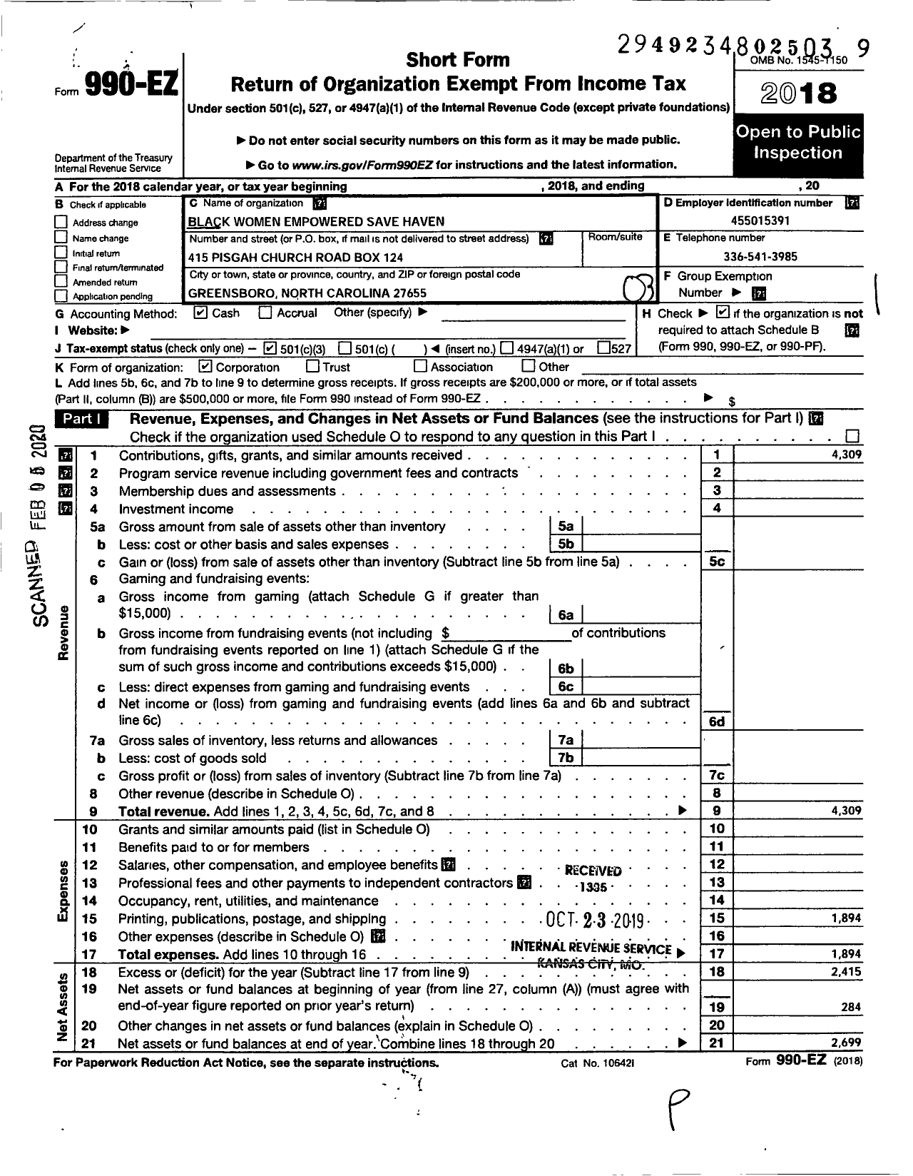 Image of first page of 2018 Form 990EZ for Black Women Empowered Safe Haven