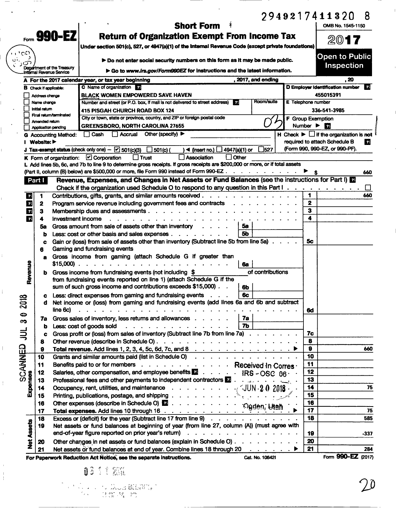 Image of first page of 2017 Form 990EZ for Black Women Empowered Safe Haven