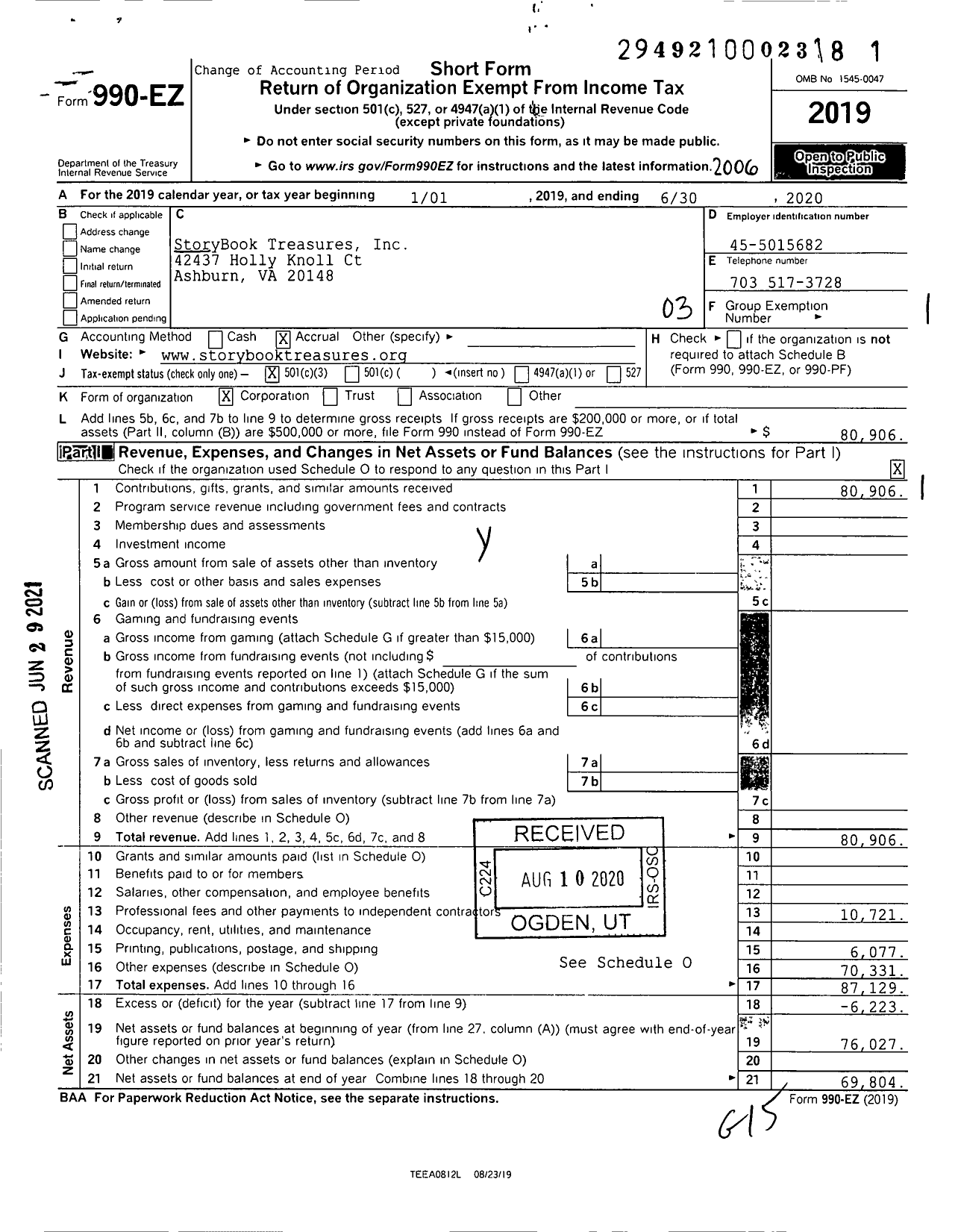 Image of first page of 2019 Form 990EZ for StoryBook Treasures