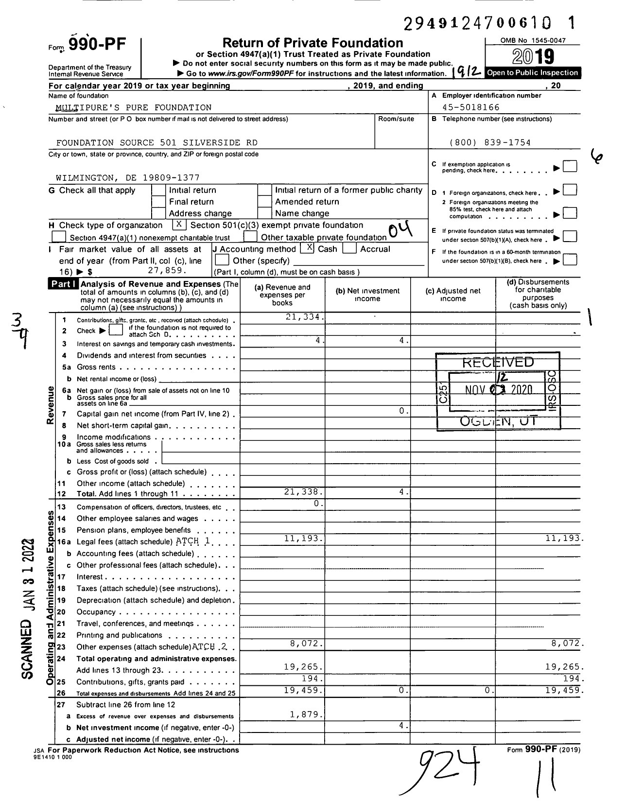 Image of first page of 2019 Form 990PF for Multipure's Pure Foundation