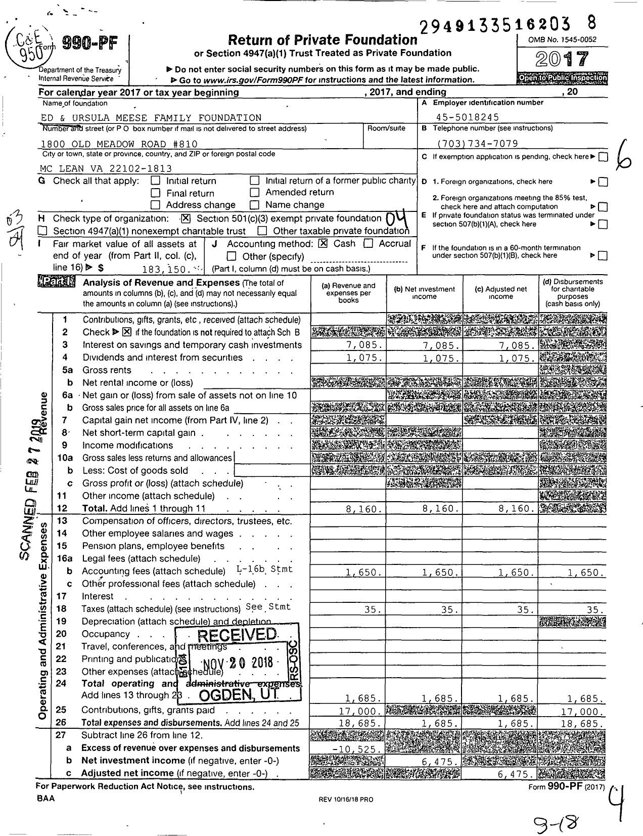 Image of first page of 2017 Form 990PF for Ed and Ursula Meese Family Foundation