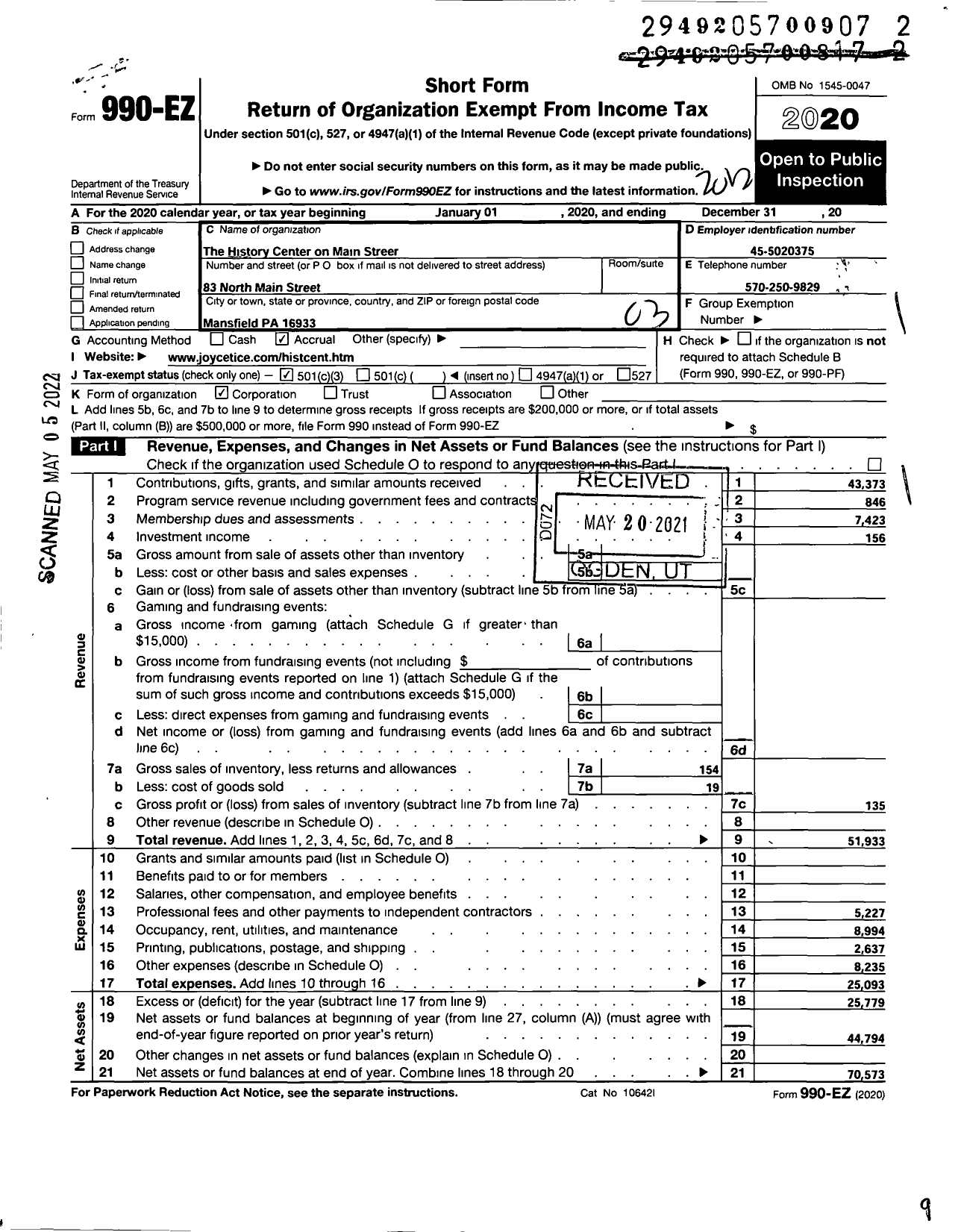 Image of first page of 2020 Form 990EZ for History Center on Main Street