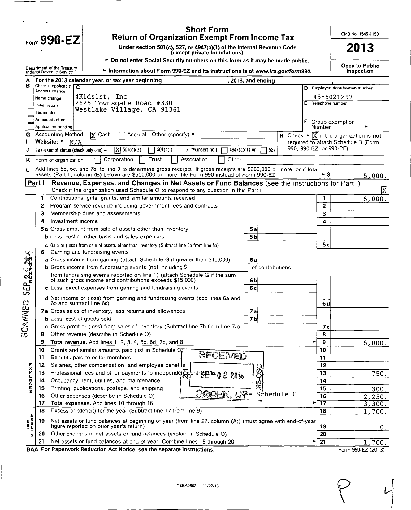 Image of first page of 2013 Form 990EZ for 4 Kids 1st
