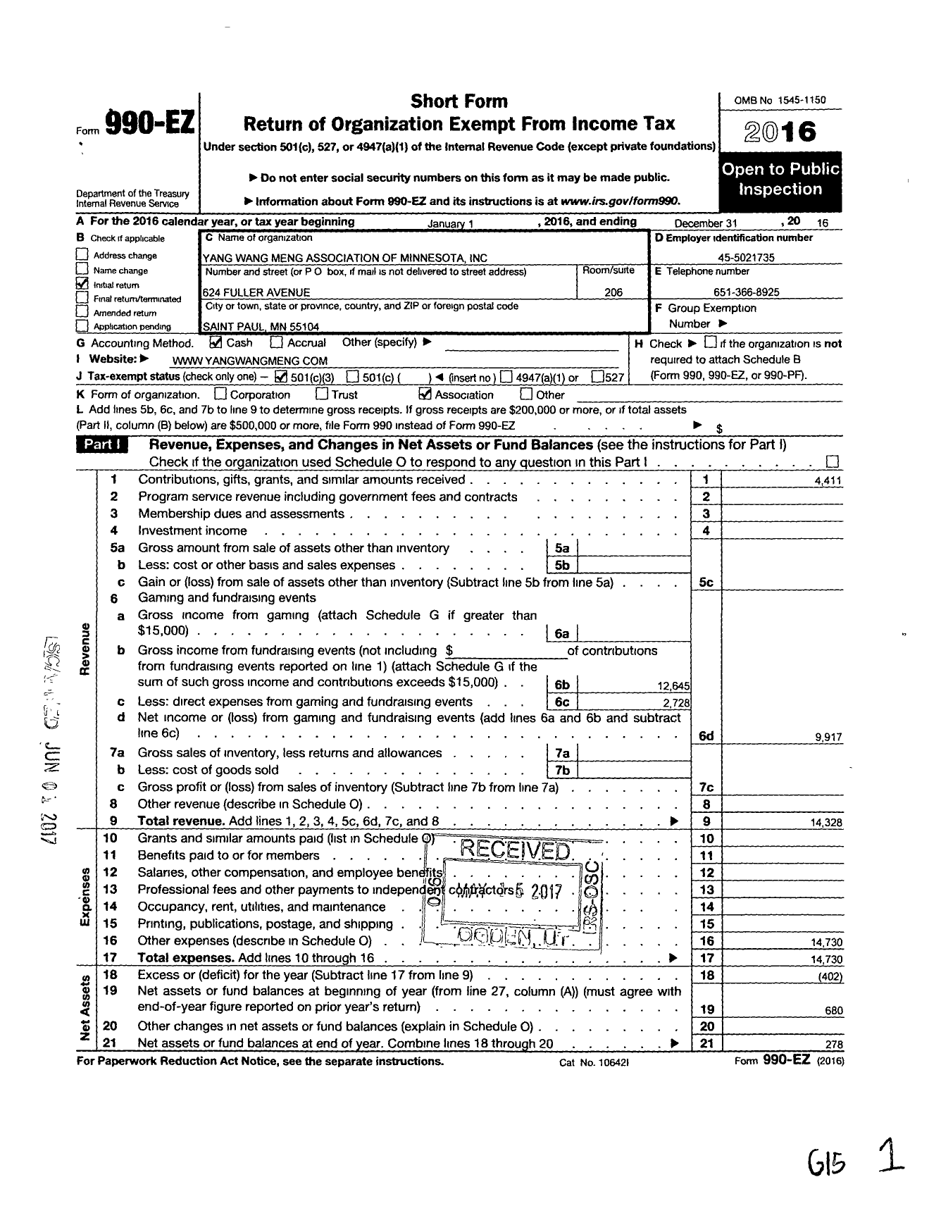 Image of first page of 2016 Form 990EZ for Yang Wang Meng Association