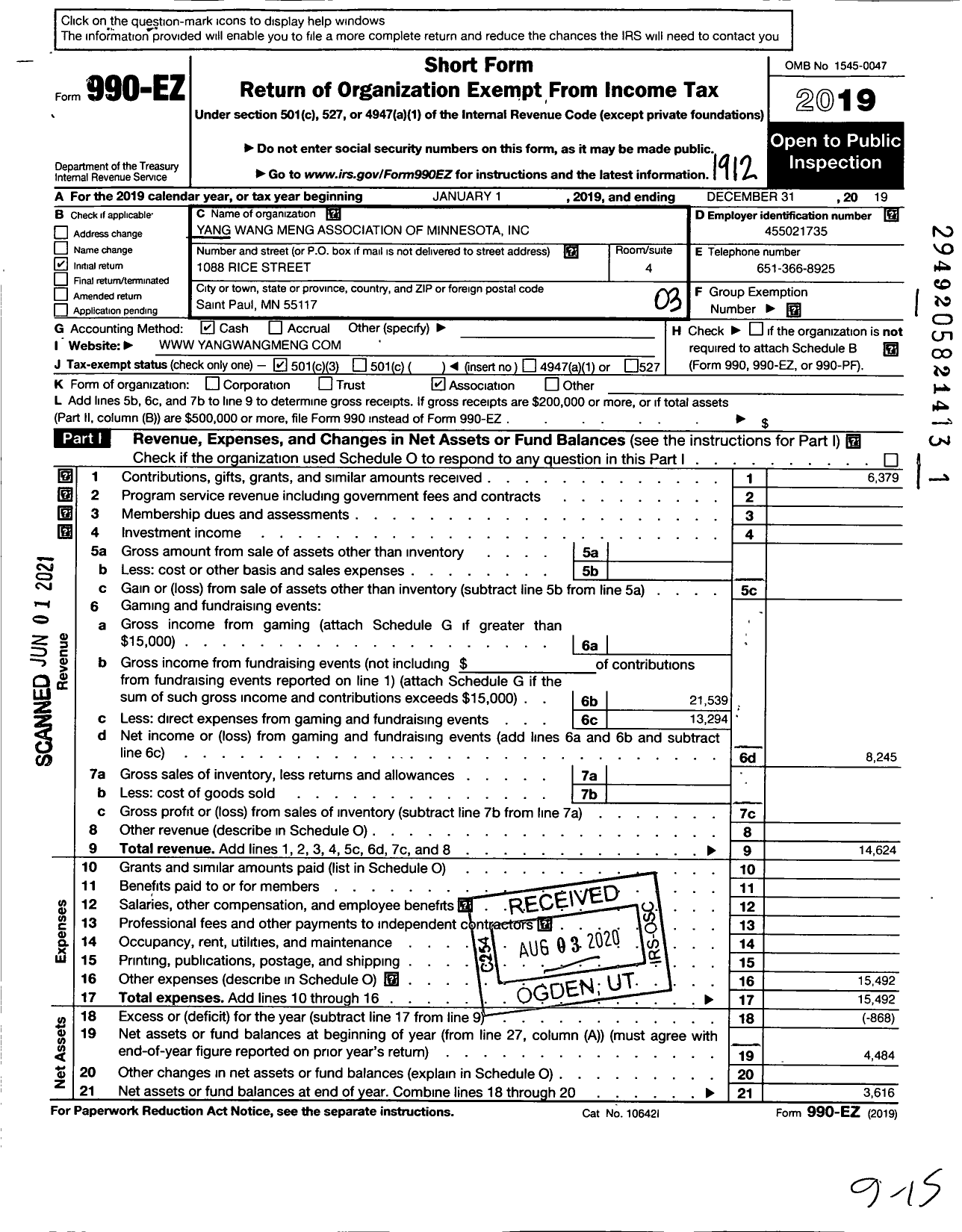 Image of first page of 2019 Form 990EZ for Yang Wang Meng Association