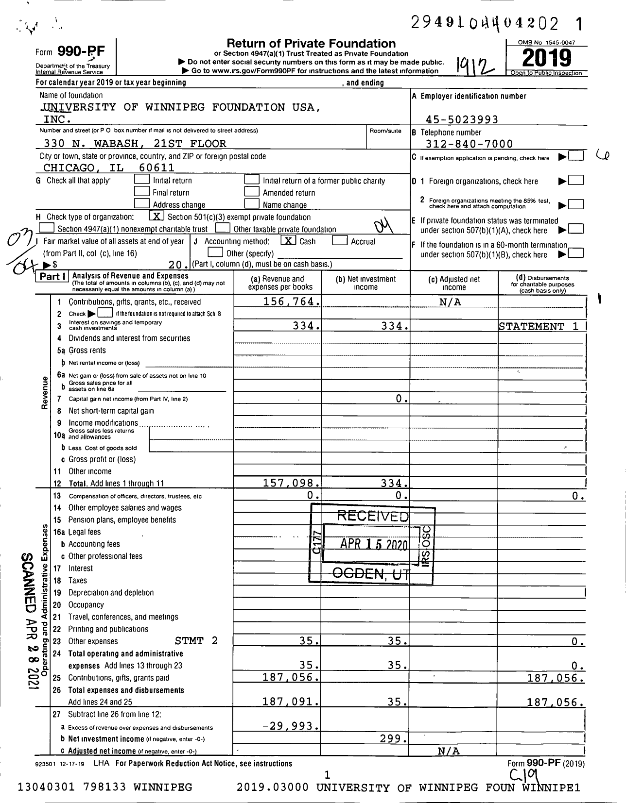 Image of first page of 2019 Form 990PF for University of Winnipeg Foundation USA