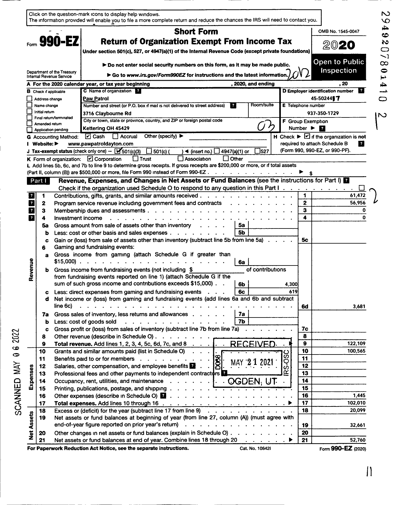 Image of first page of 2020 Form 990EZ for Paw Patrol