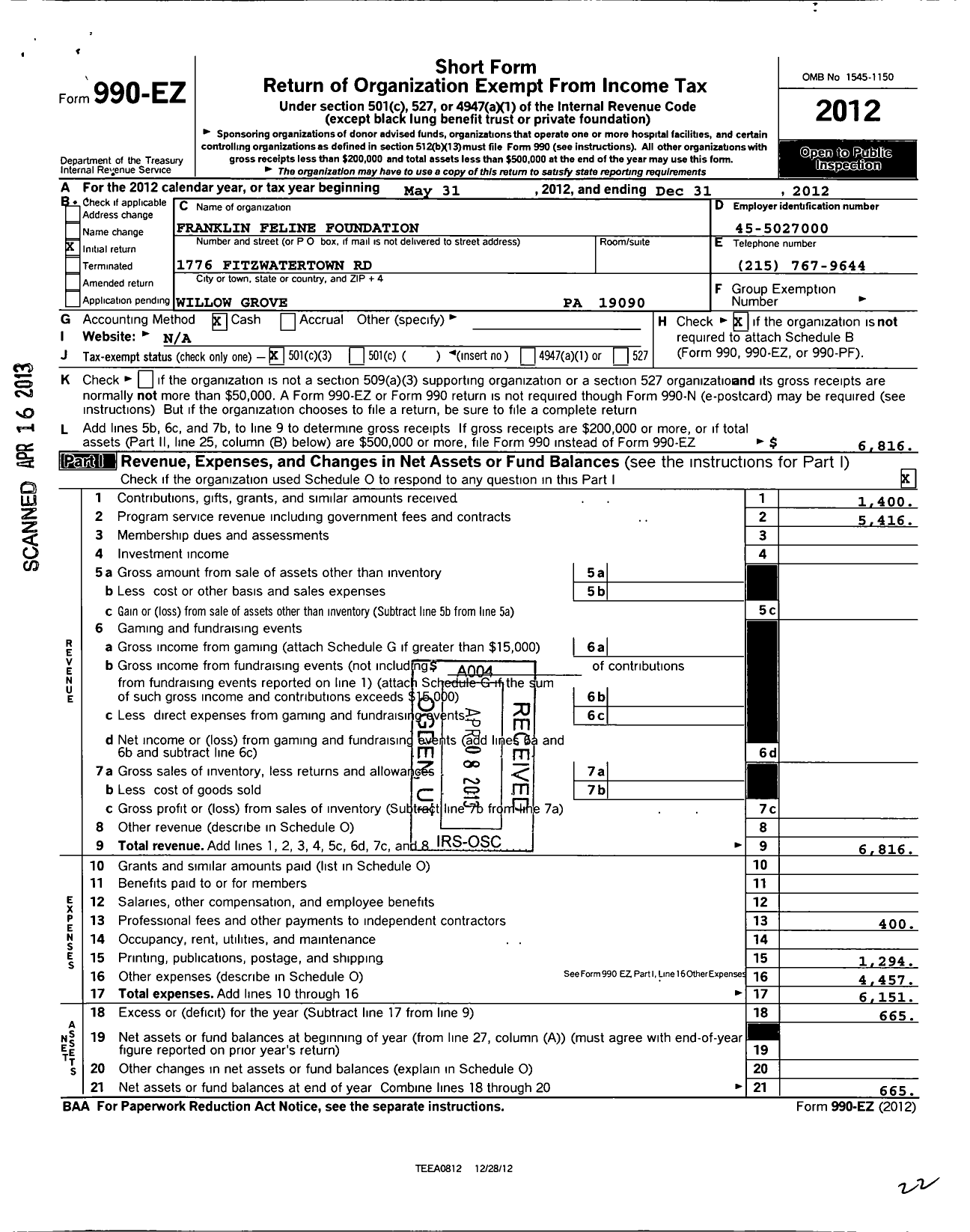 Image of first page of 2012 Form 990EZ for Franklin Feline Foundation