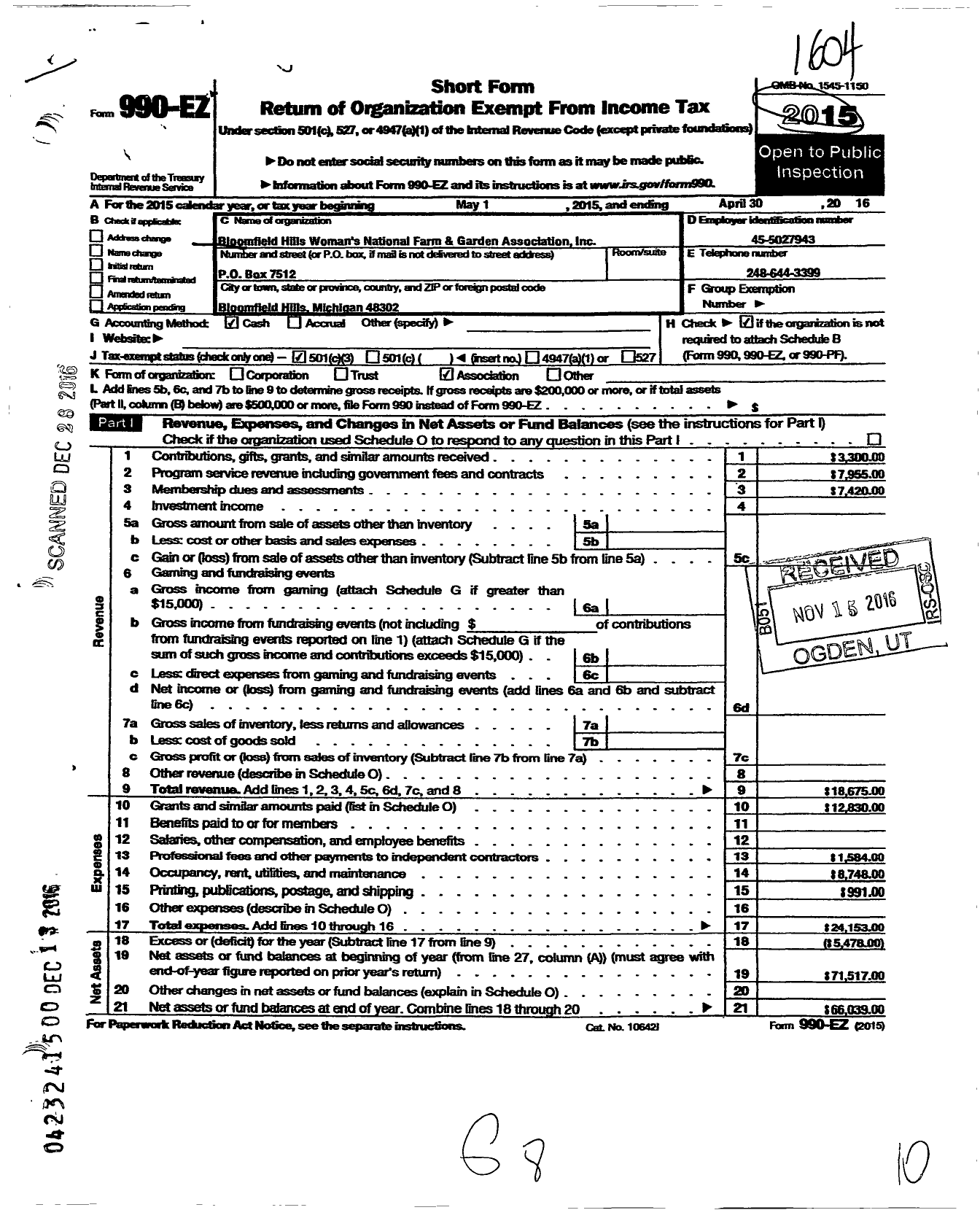 Image of first page of 2015 Form 990EZ for Bloomfield Hills Womans National Farm and Garden Association