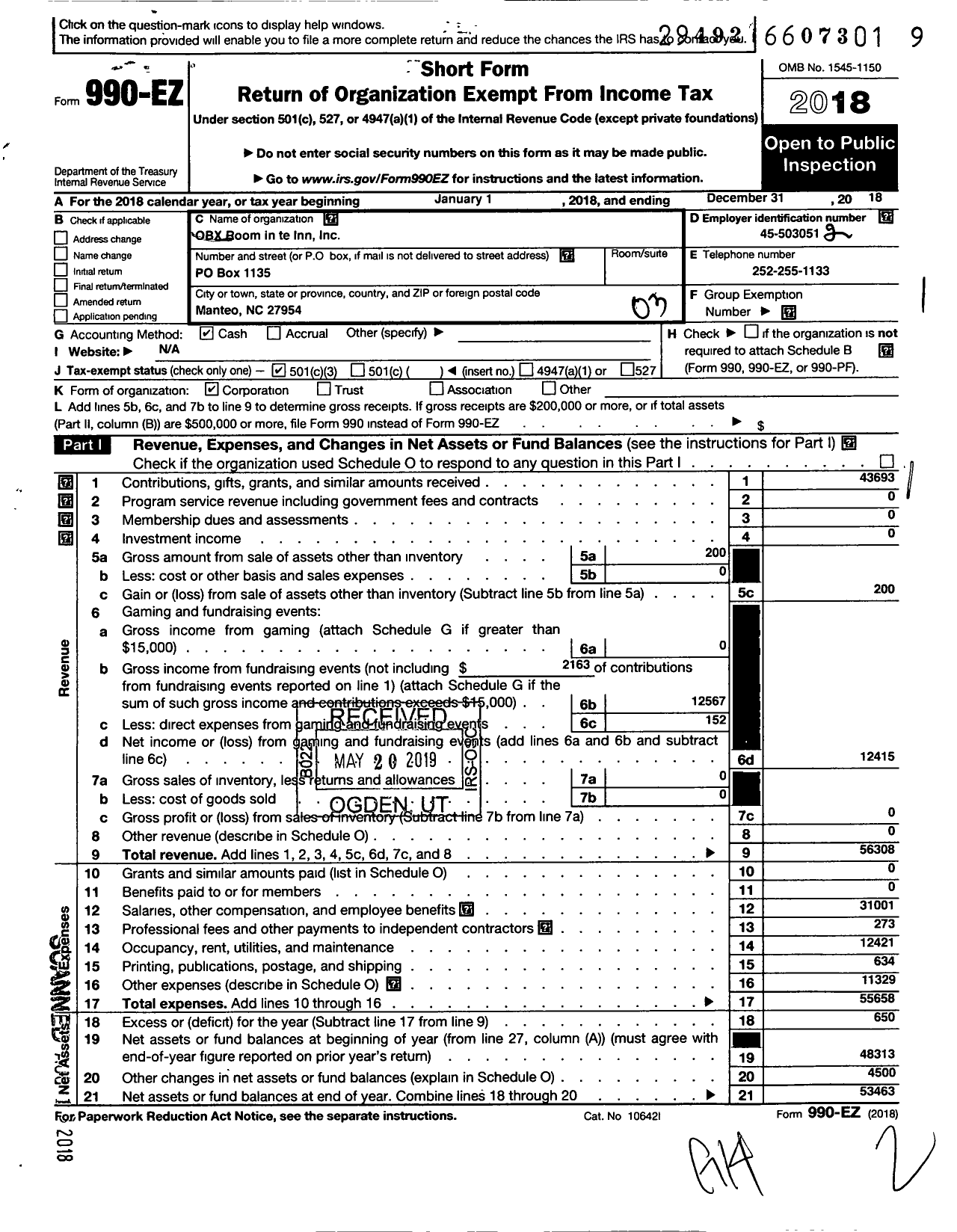 Image of first page of 2018 Form 990EZ for Obx Room in the Inn