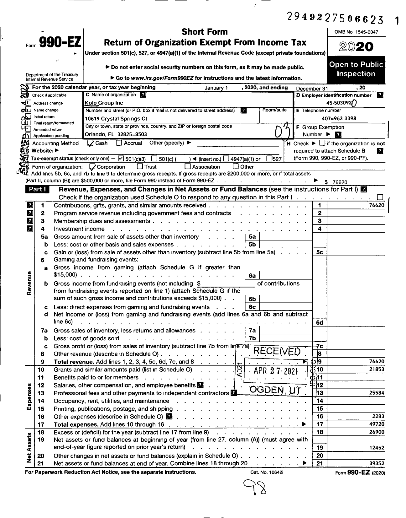 Image of first page of 2020 Form 990EZ for Kolo Group