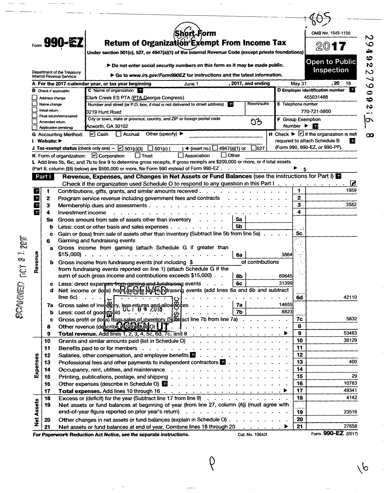 Image of first page of 2017 Form 990EZ for GEORGIA PTA - Clark Creek Academy PTA