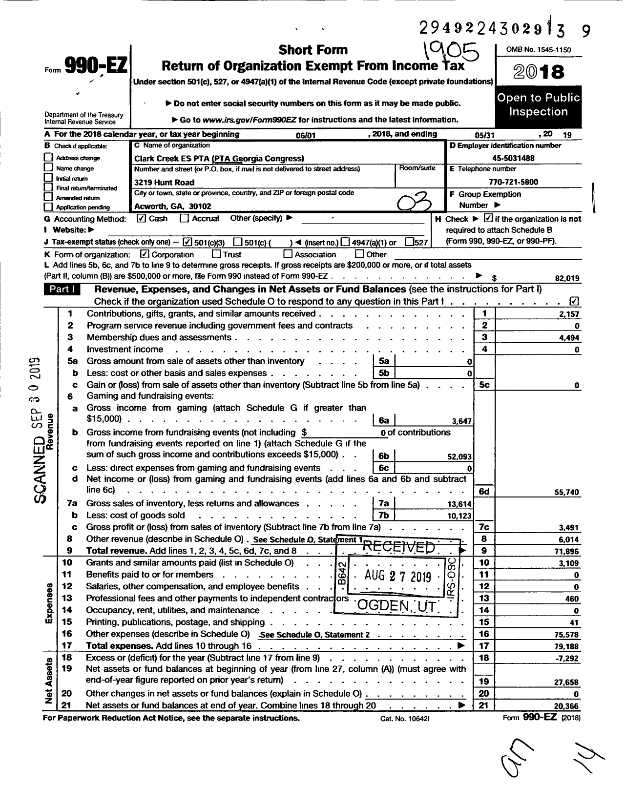 Image of first page of 2018 Form 990EZ for GEORGIA PTA - Clark Creek Academy PTA