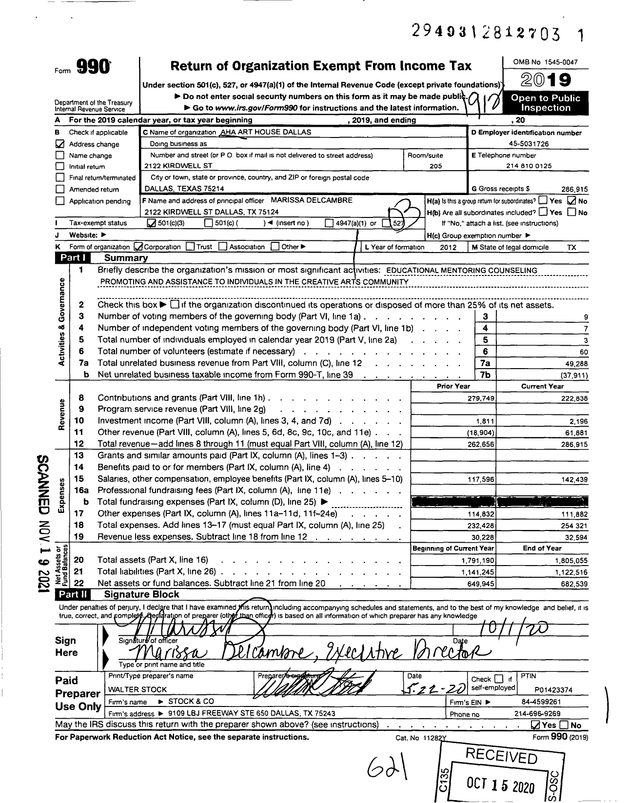 Image of first page of 2019 Form 990 for Aha Arthouse Dallas