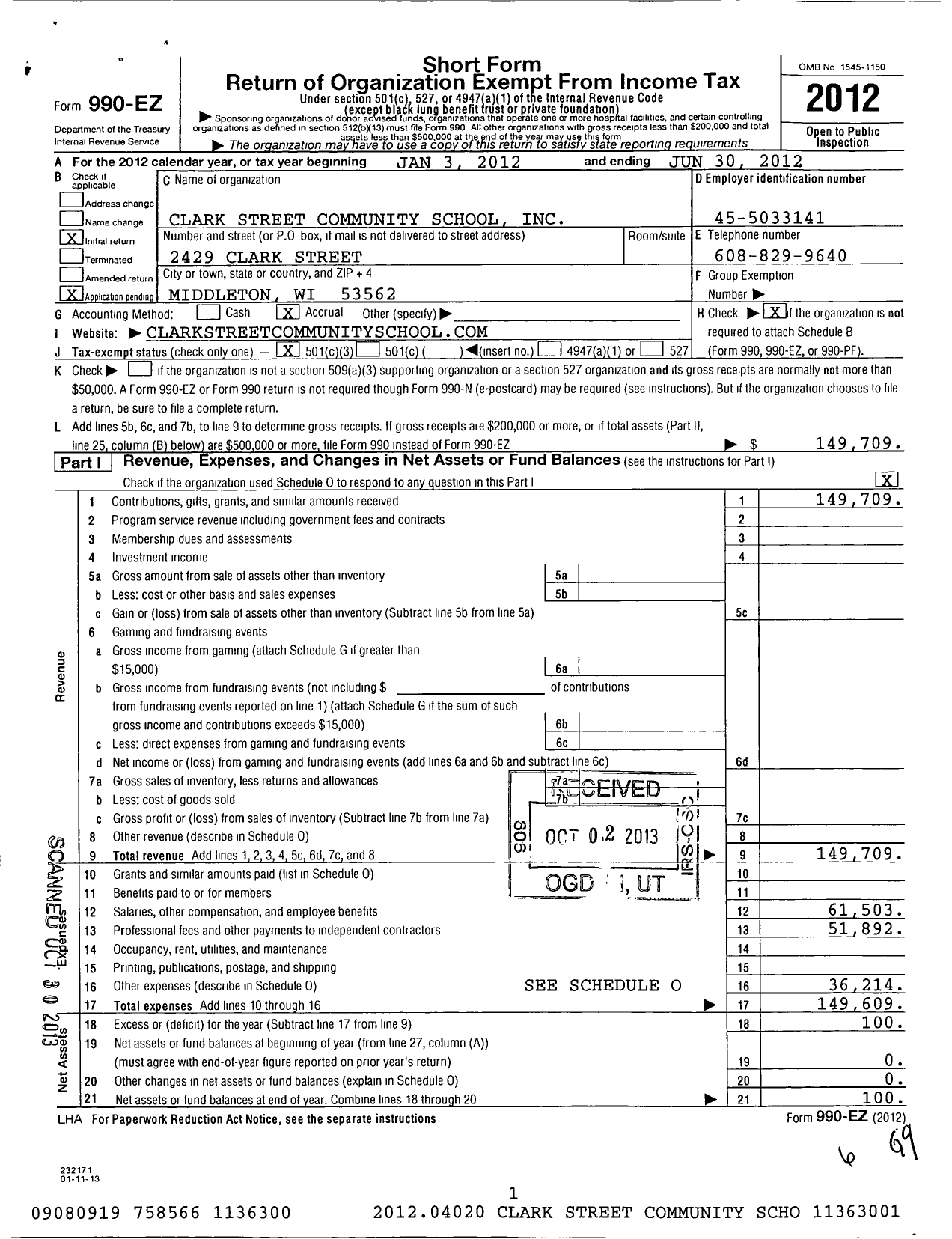 Image of first page of 2011 Form 990EZ for Clark Street Community School