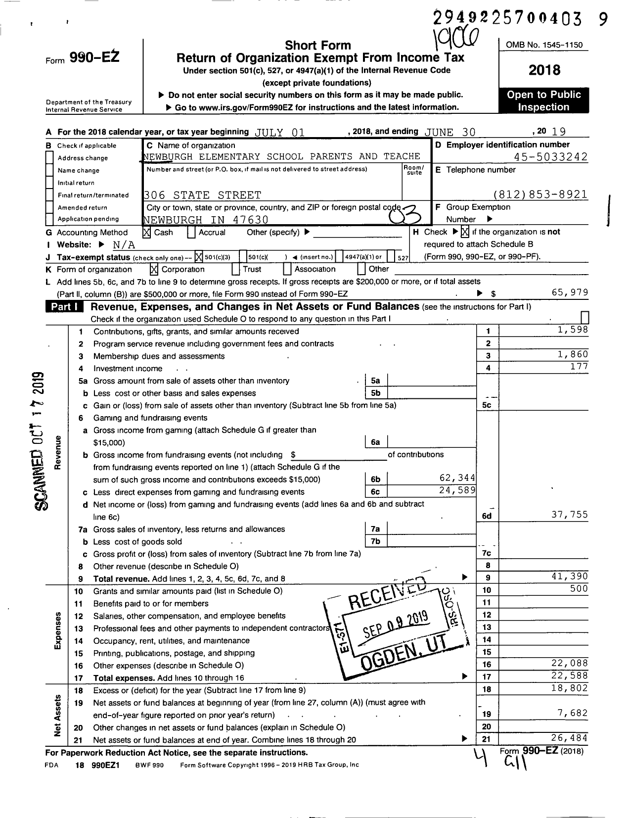 Image of first page of 2018 Form 990EZ for Newburgh Elementary School Pat