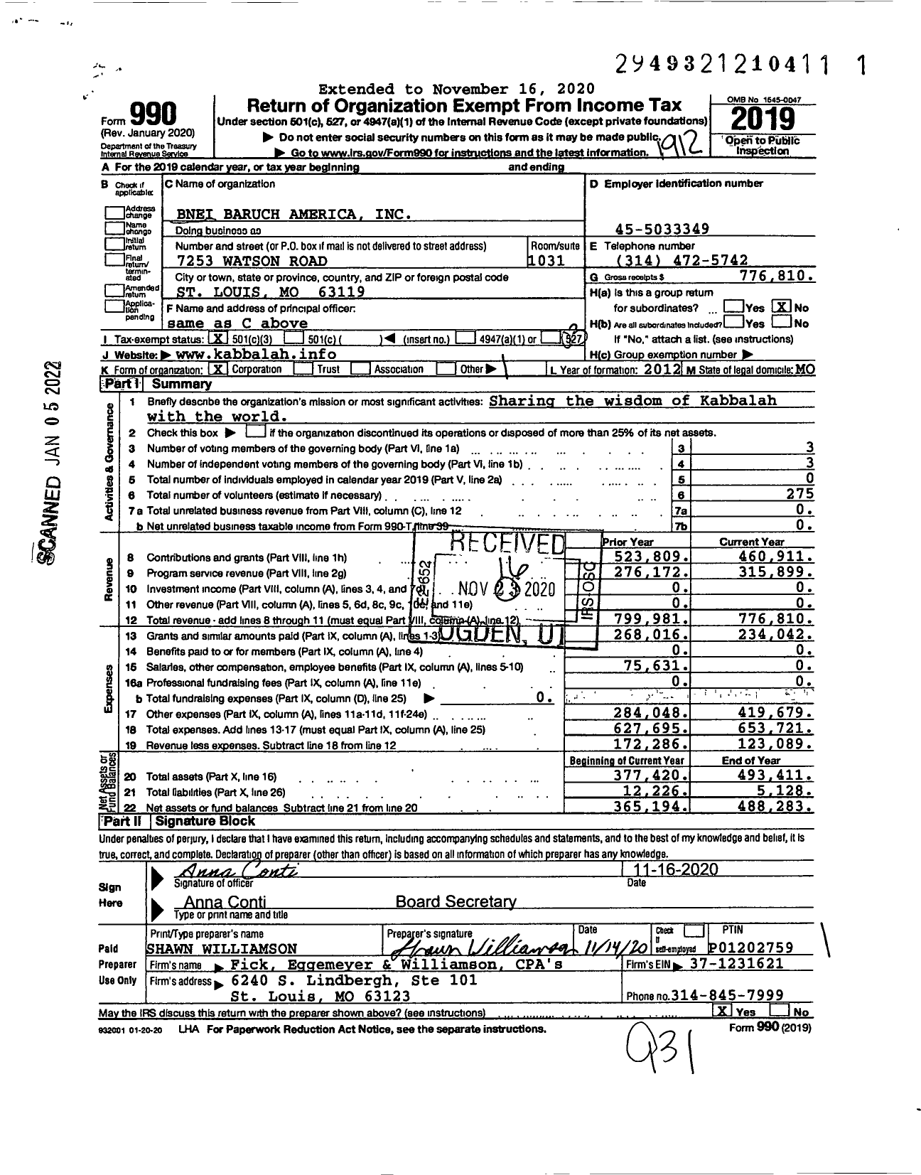 Image of first page of 2019 Form 990 for Bnei Baruch America
