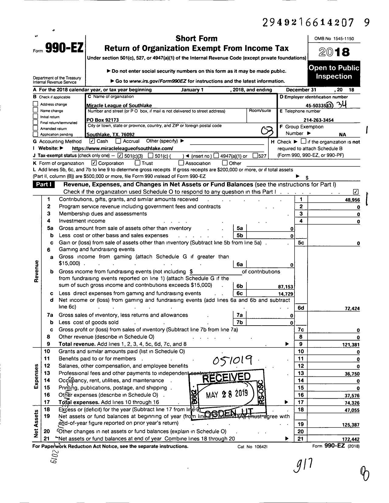 Image of first page of 2018 Form 990EZ for Miracle League of Southlake